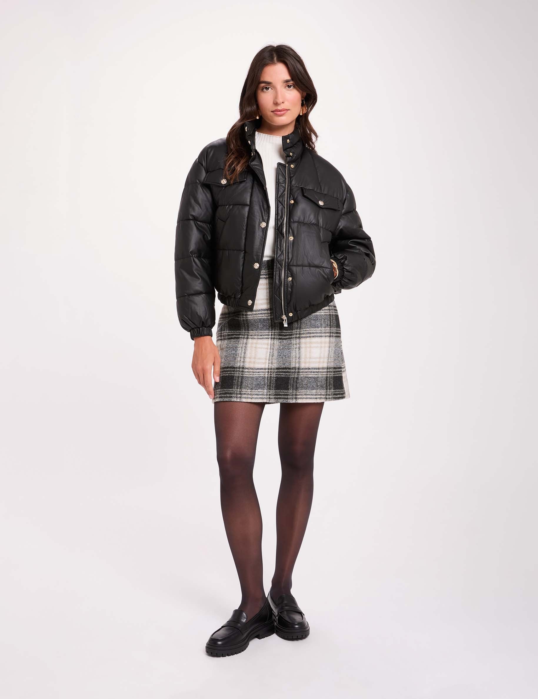 Doudoune similicuir col montant noir femme