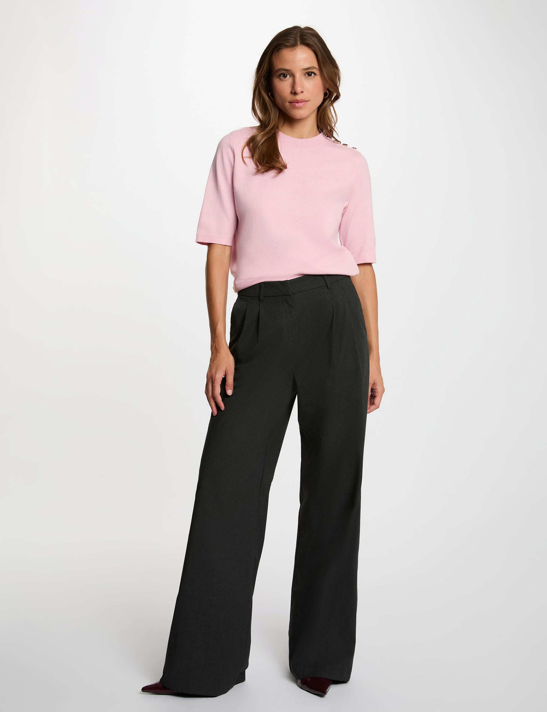 Pull col rond manches courtes rose pastel femme