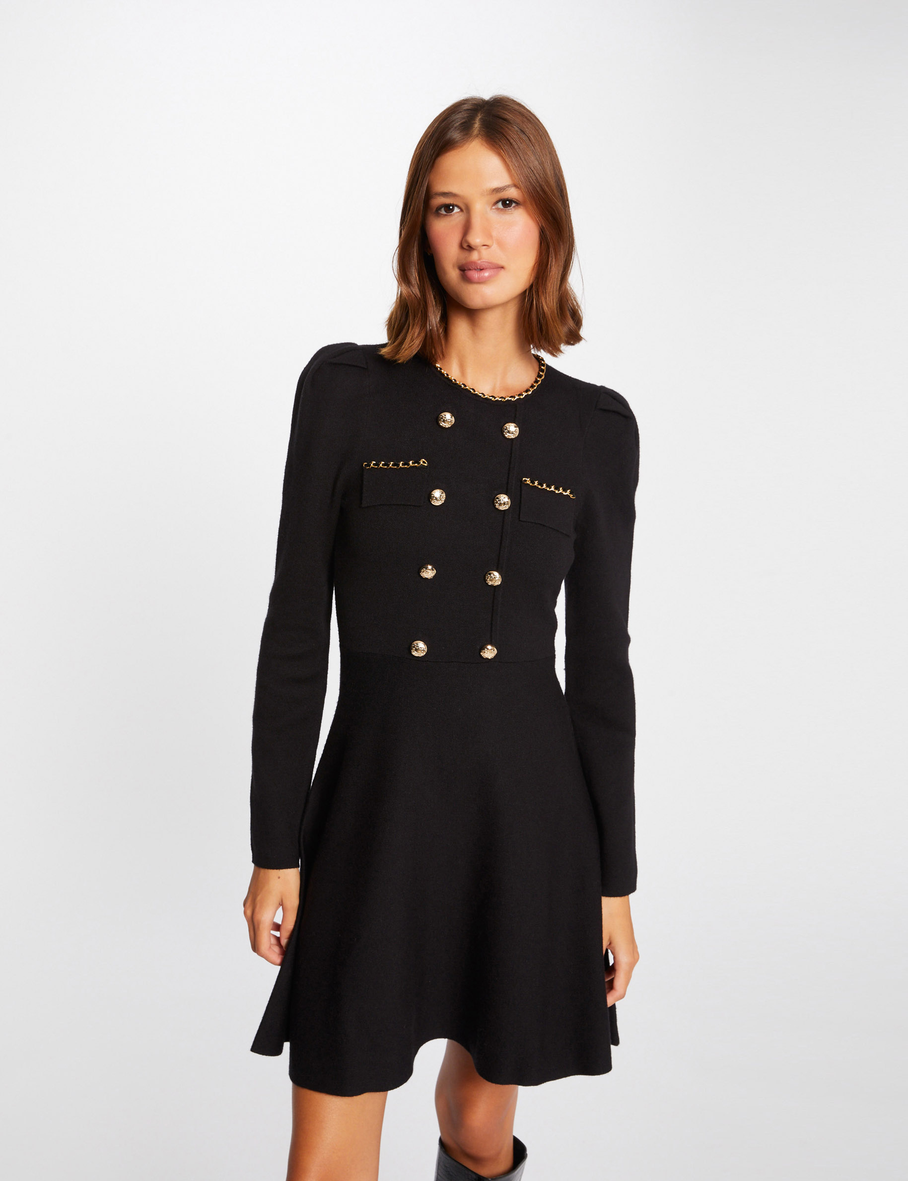 Robe tricot trap&egrave;ze avec boutons noir femme