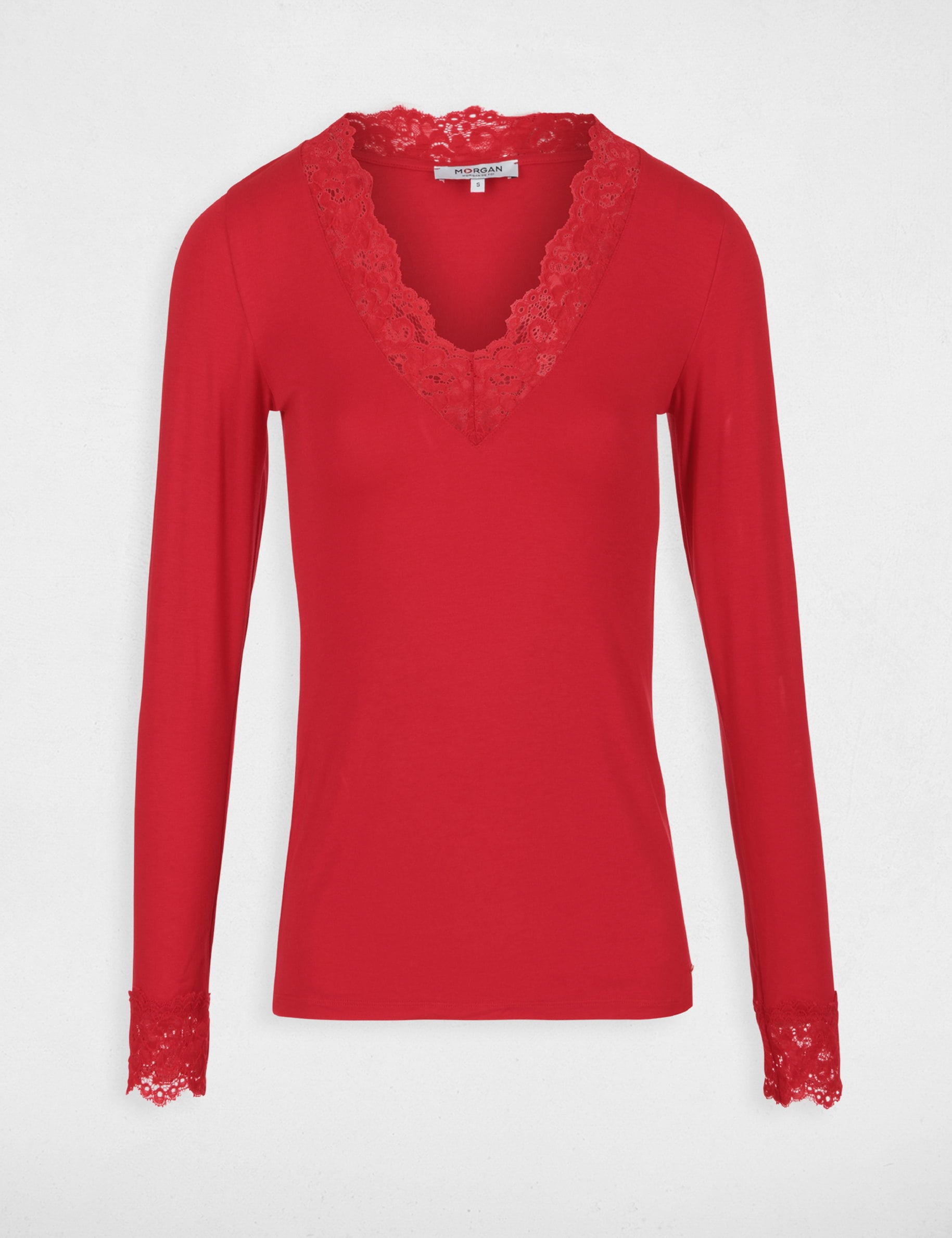 T-shirt manches longues avec dentelle rouge femme