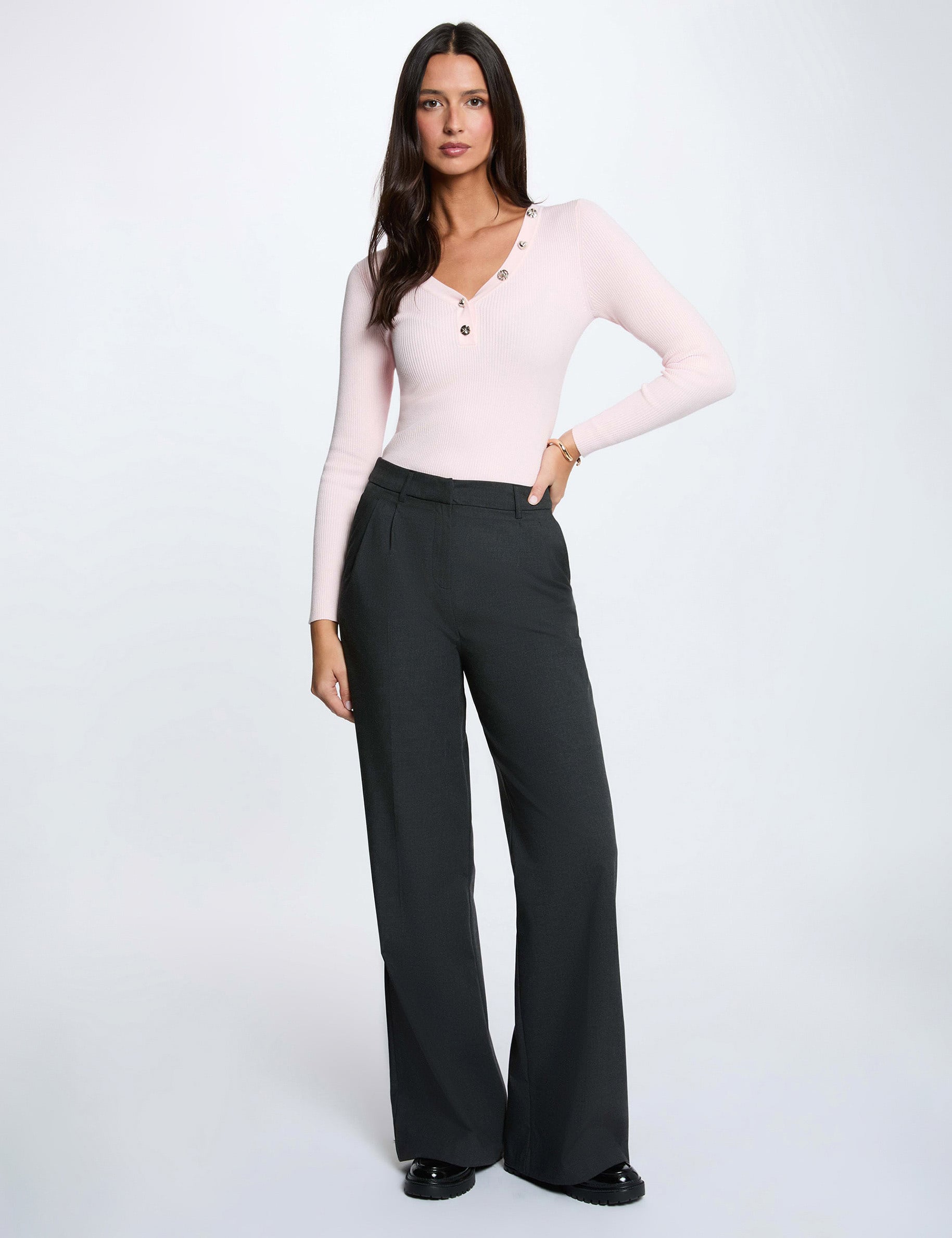 Pull col v fantaisie rose clair femme