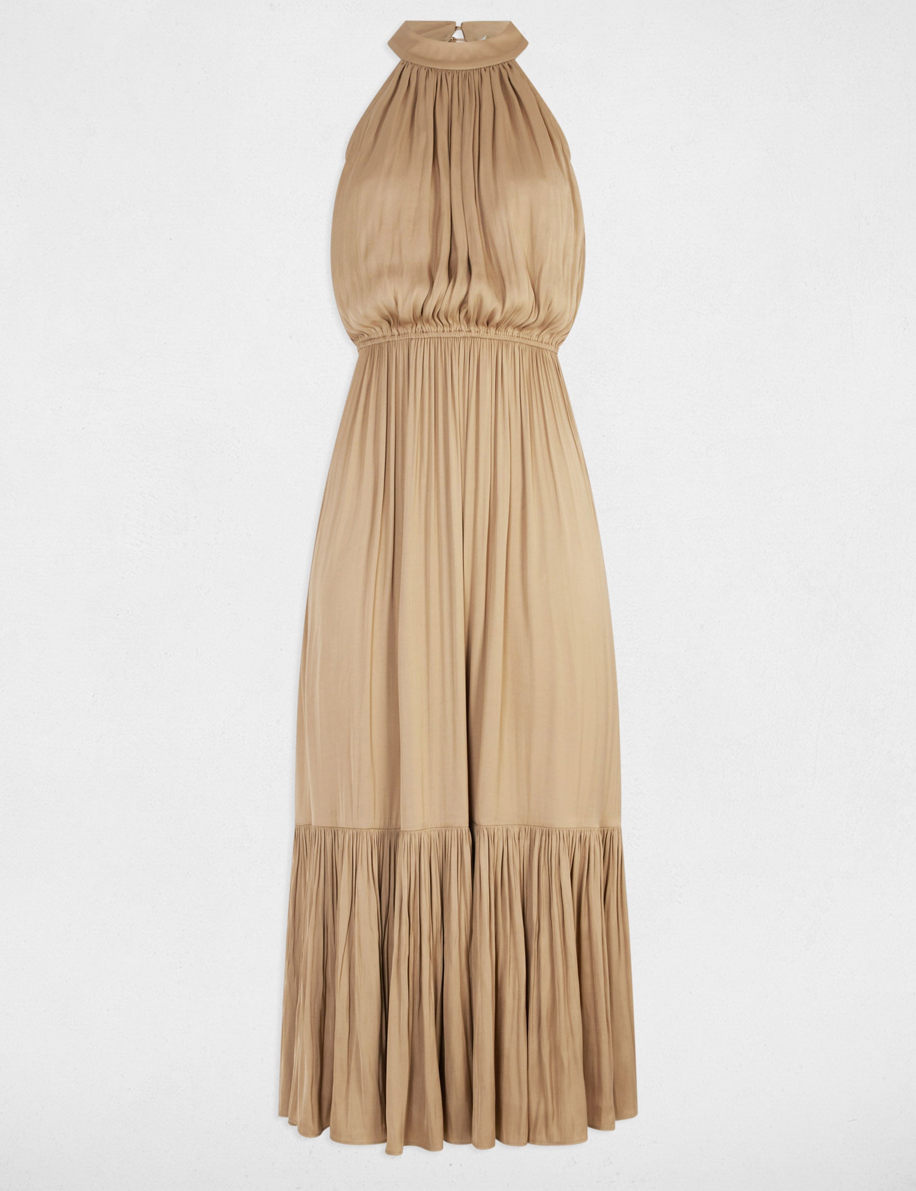 Robe longue col montant beige femme