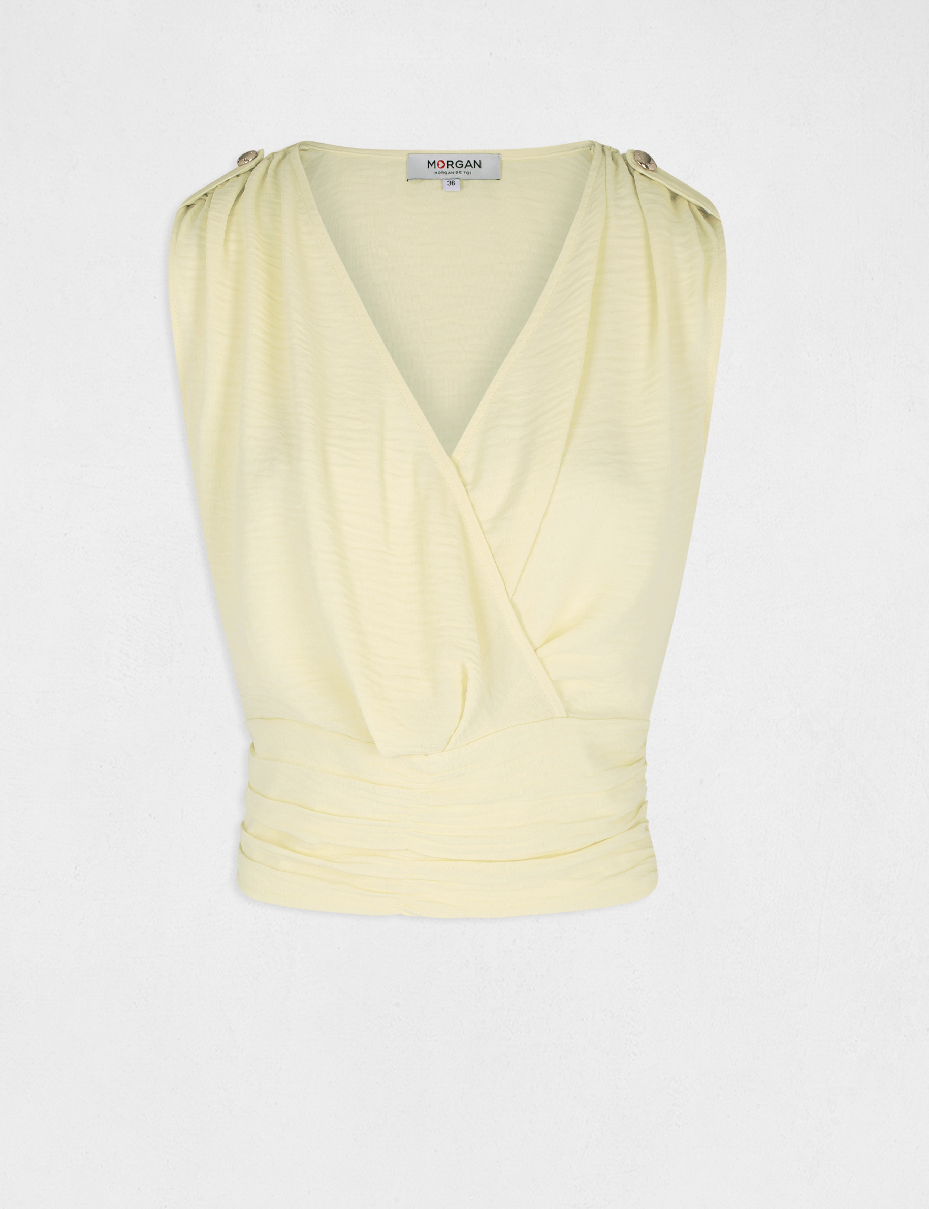 Blouse sans manches à col cache-coeur jaune paille femme Blouse sans manches à col cache-coeur jaune paille femme