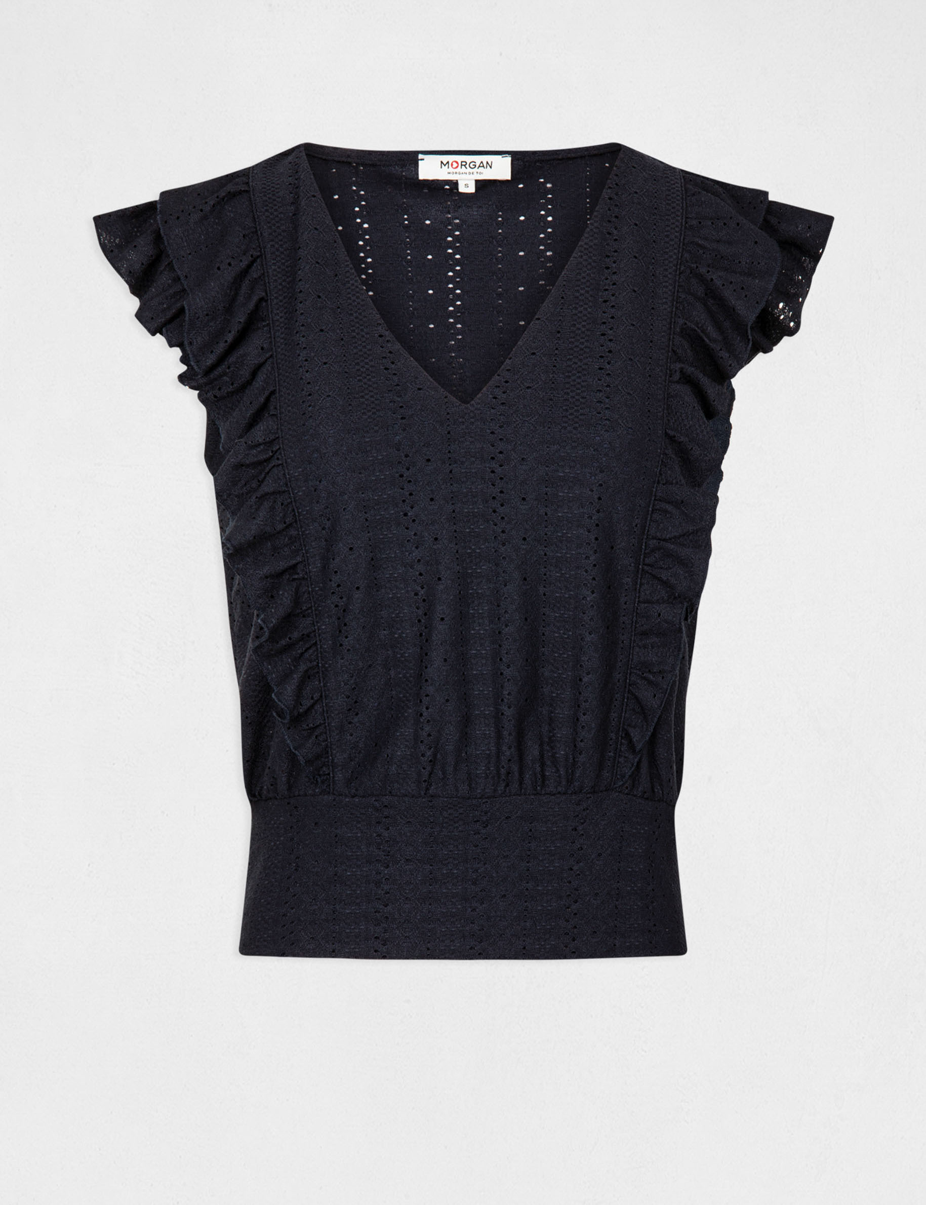 t shirt manches courtes brode a volants marine femme T-shirt manches courtes brodé à volants marine femme