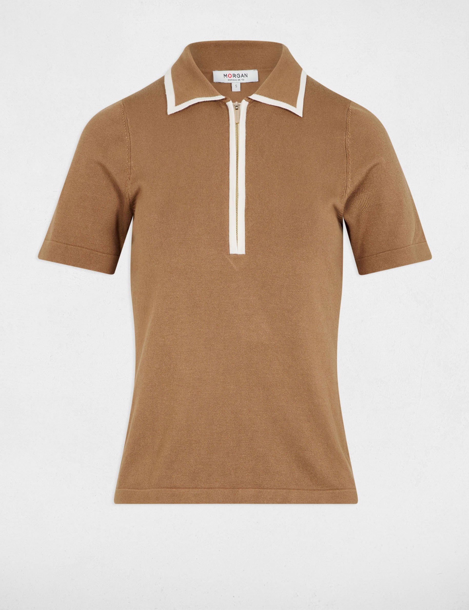 pull col polo zippe sable femme Pull col polo zippé sable femme