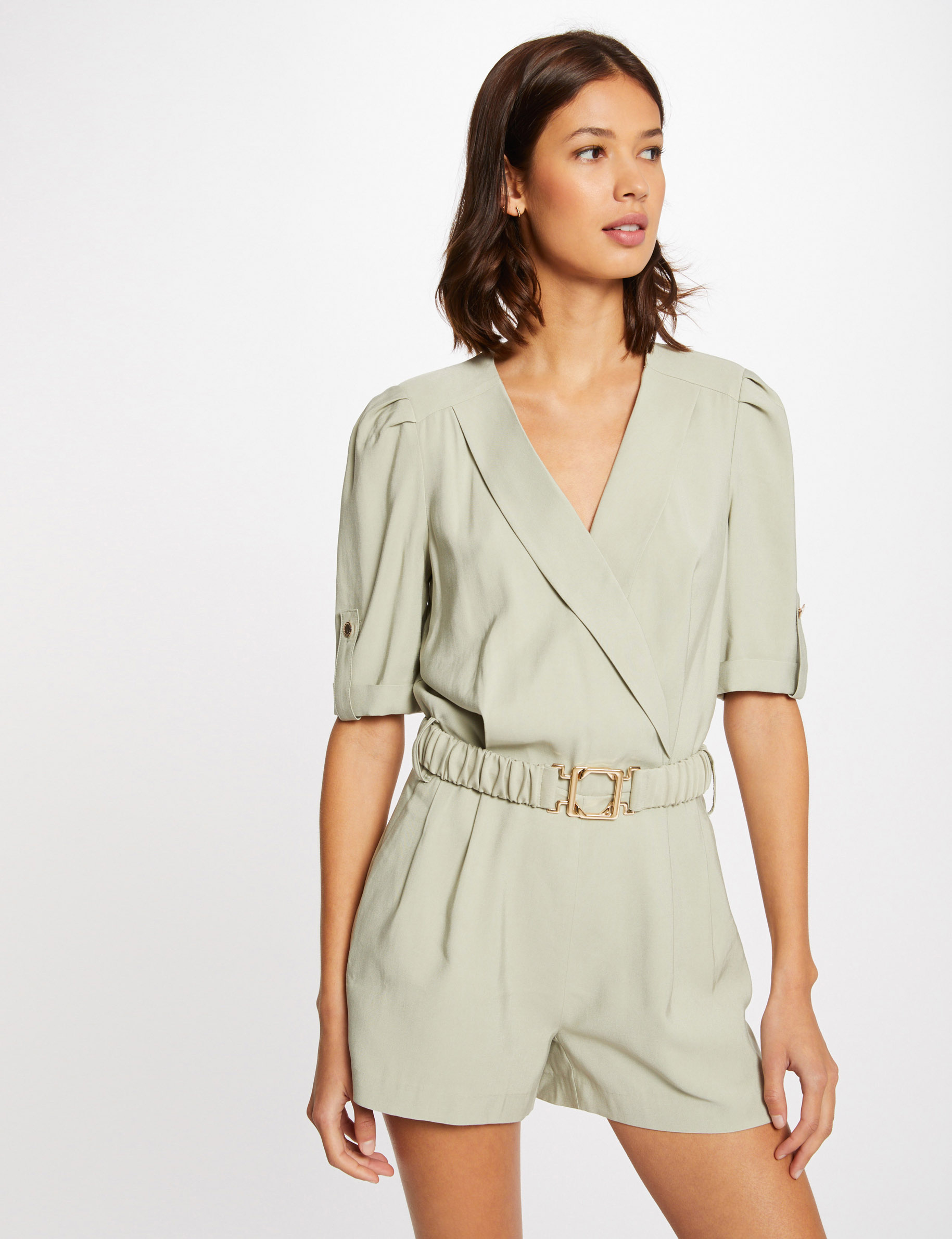 Image of Combinaison droite ceinturée vert clair femme