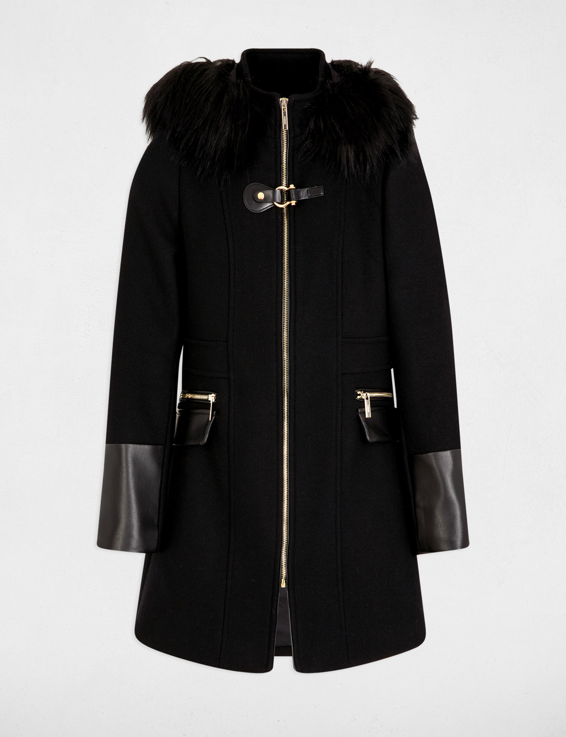 manteau droit zippe a capuche noir femme Manteau droit zippé à capuche noir femme