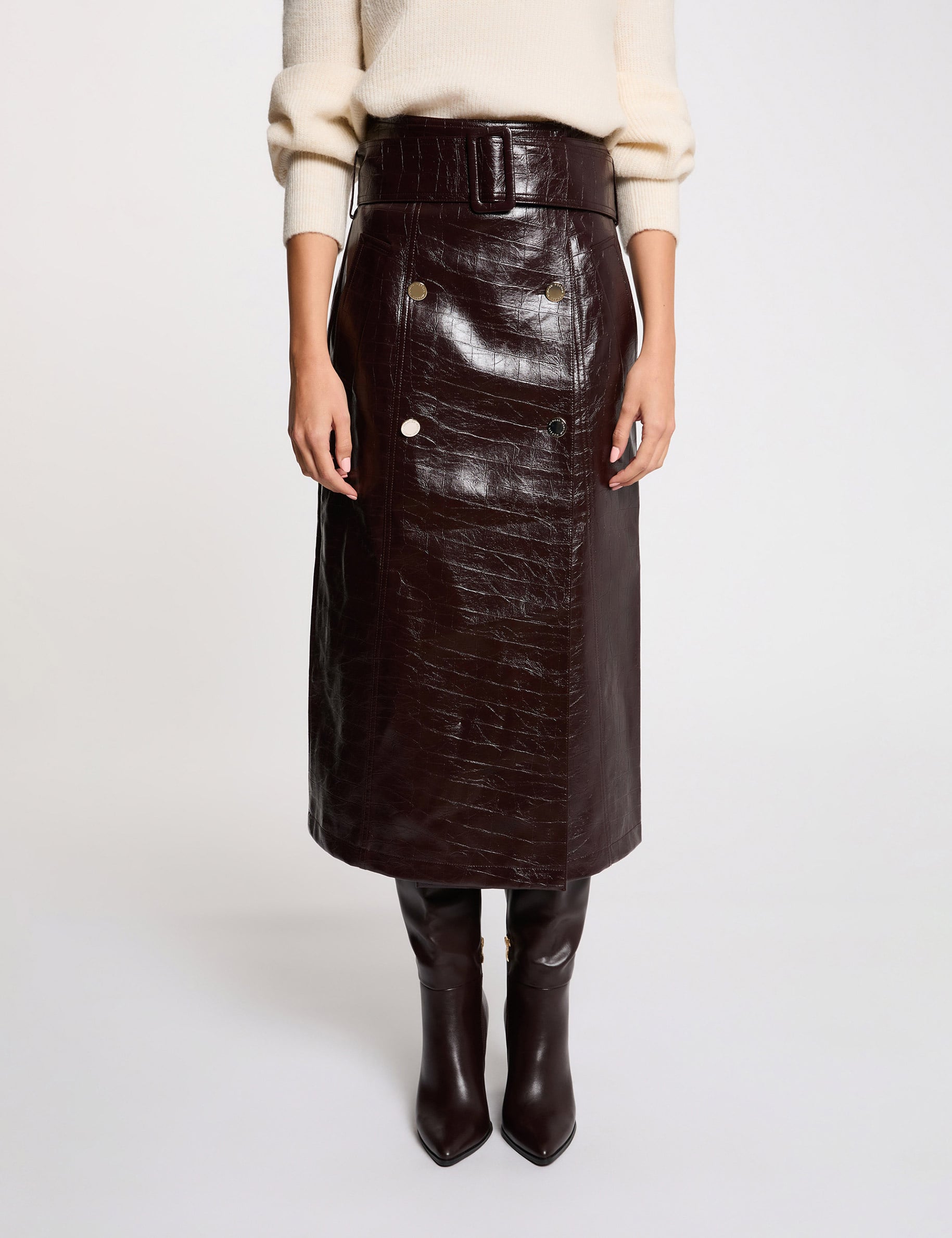 Jupe longue ceintur&eacute;e prune femme