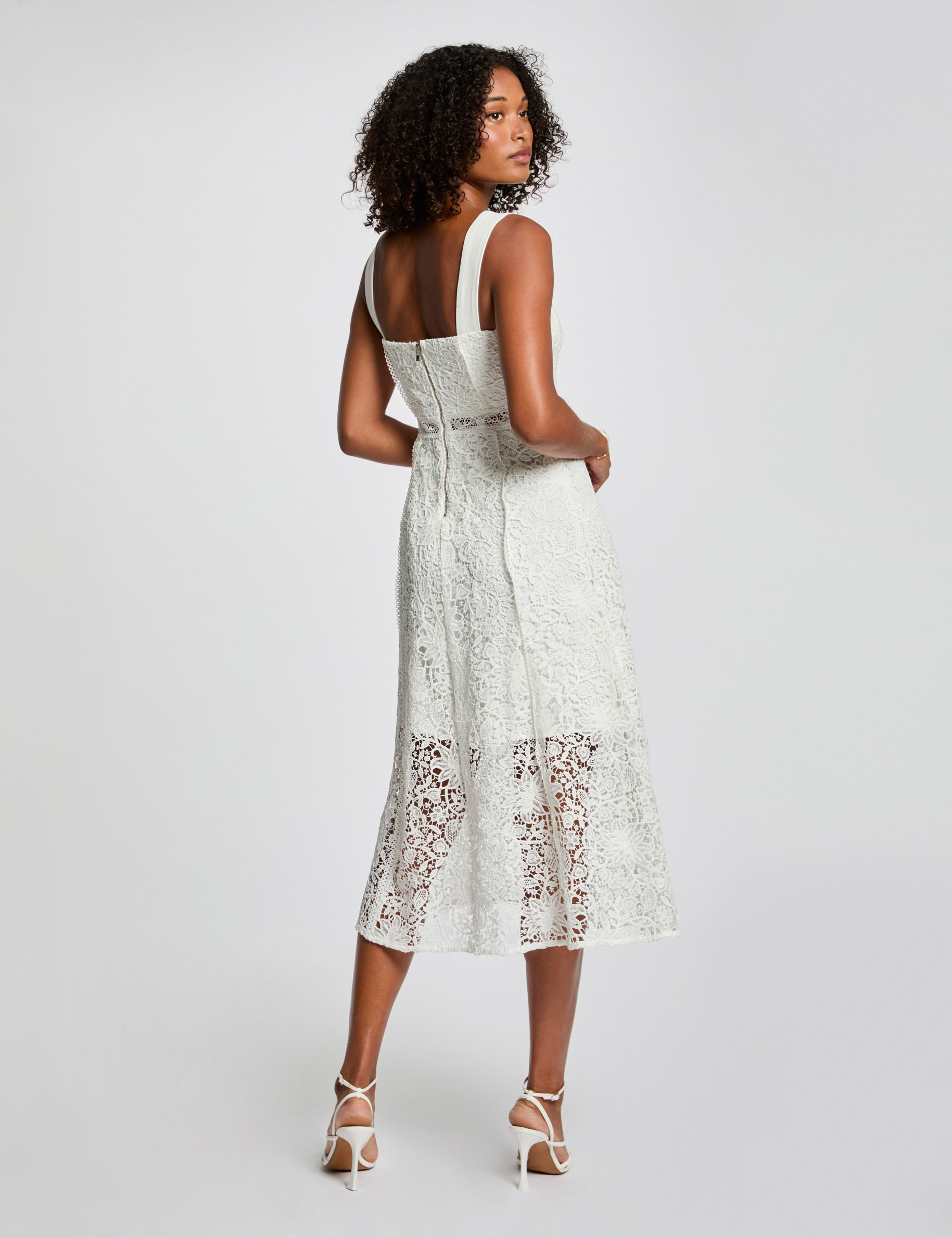 Robe midi trap&egrave;ze dentelle blanc femme