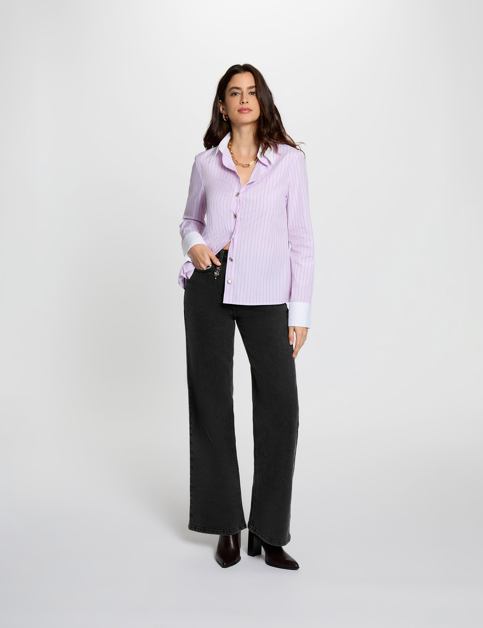 Chemise manches longues ray&eacute;e rose femme