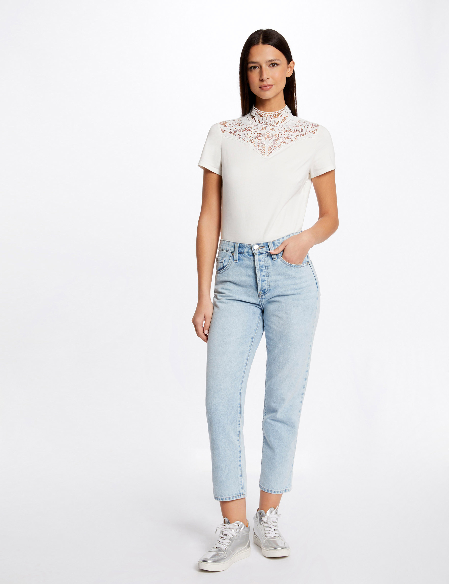 T-shirt manches courtes à dentelle ecru femme T-shirt manches courtes à dentelle ecru femme