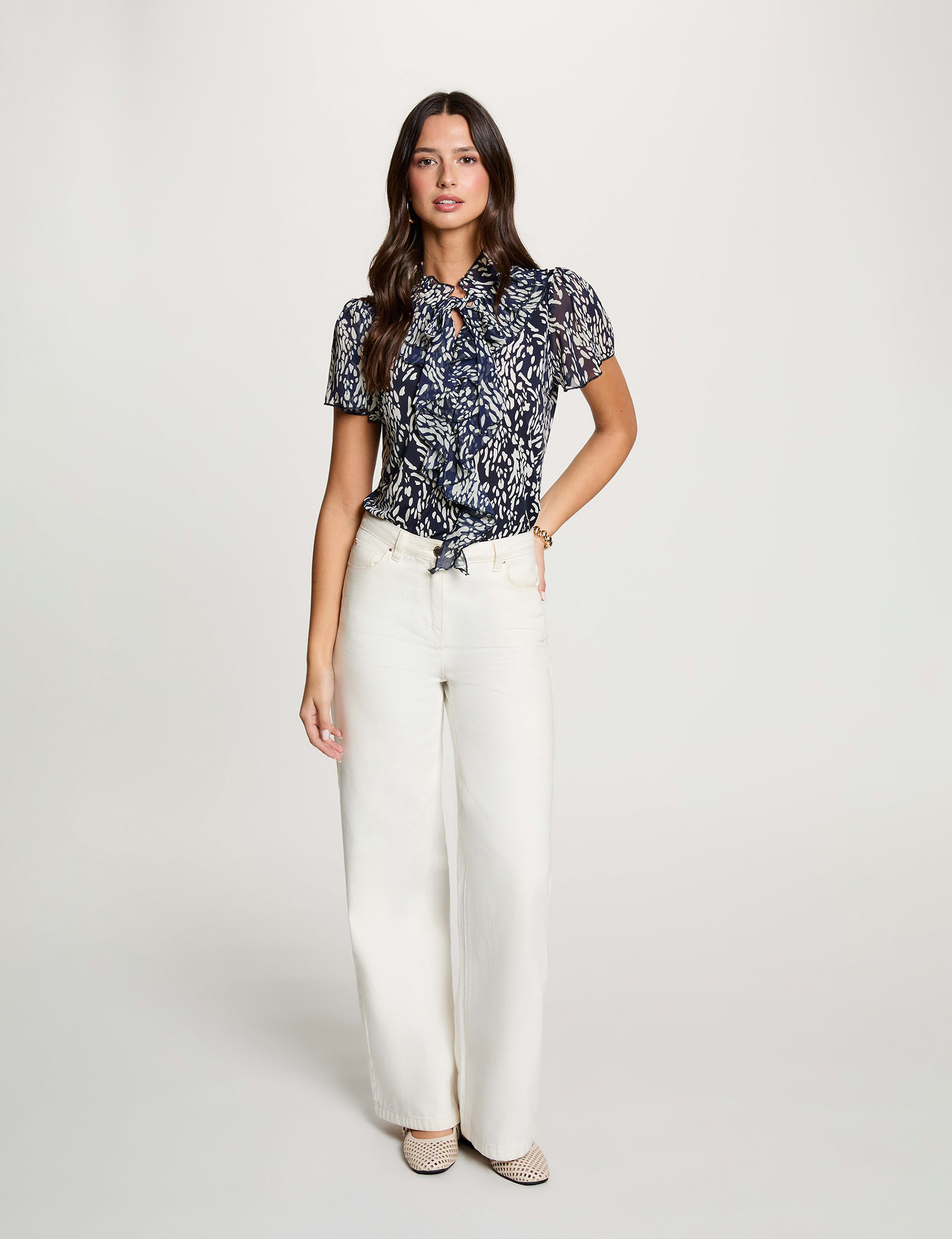 Chemise col nou&eacute; bleu marine femme