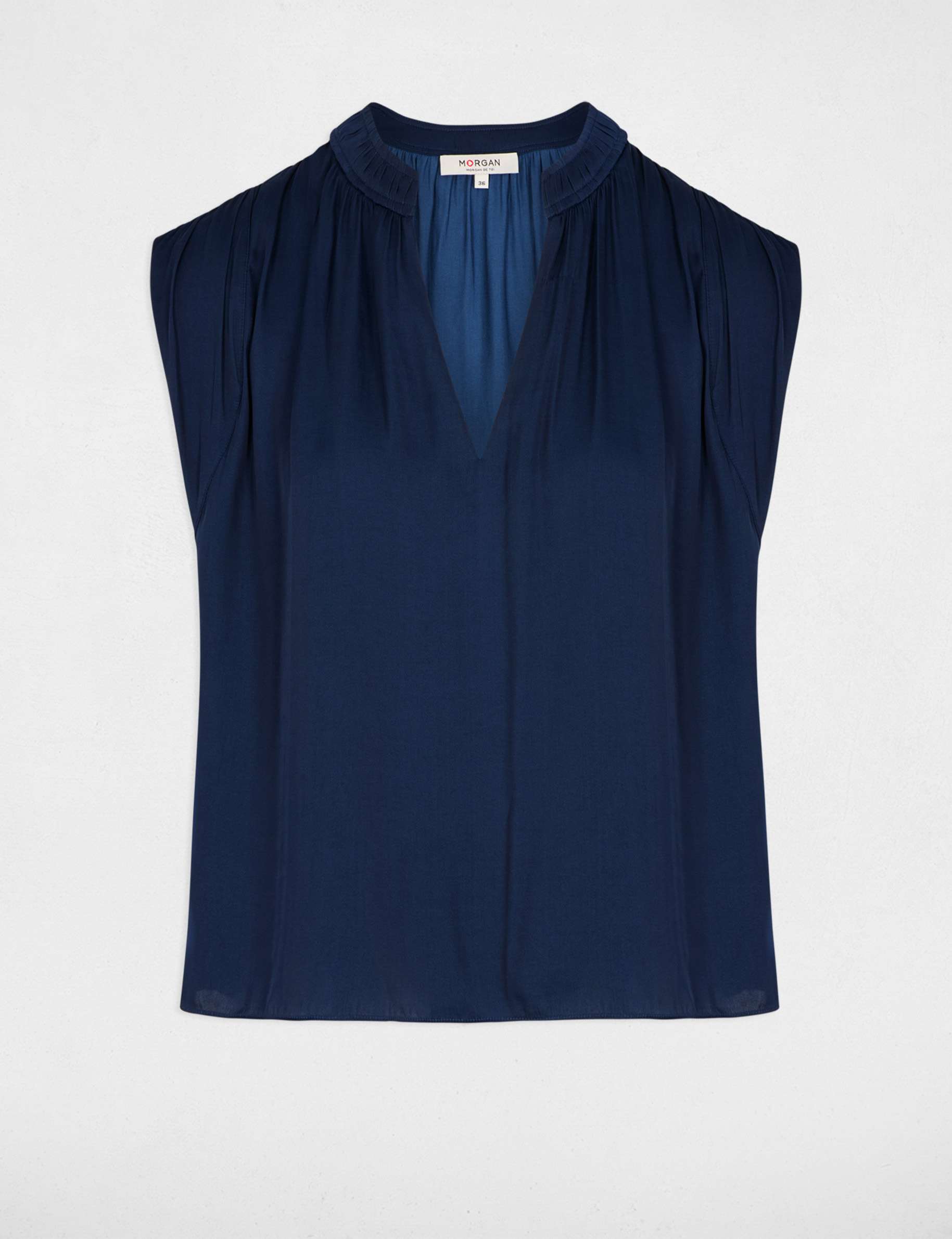 Blouse manches courtes satin bleu marine femme