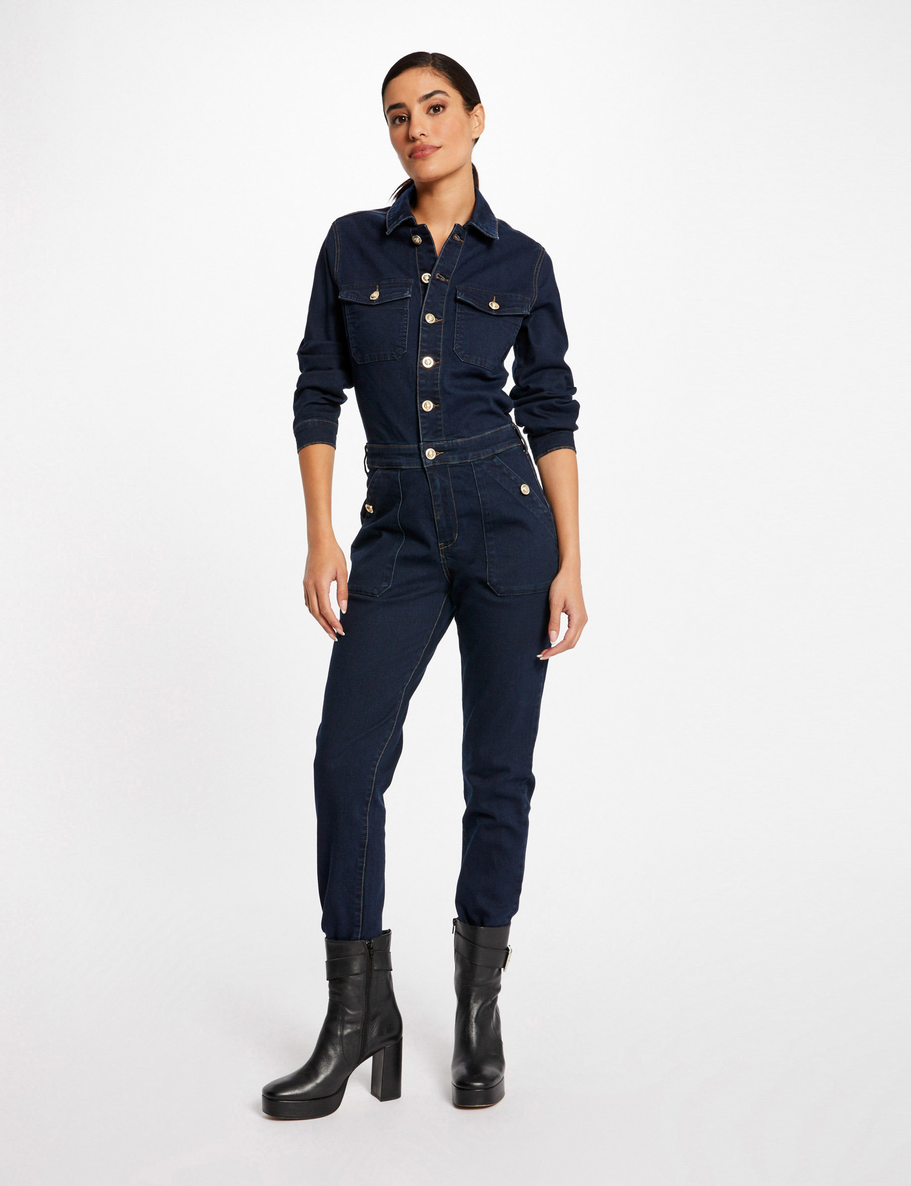 Combinaison droite boutonnée en jean jean brut femme