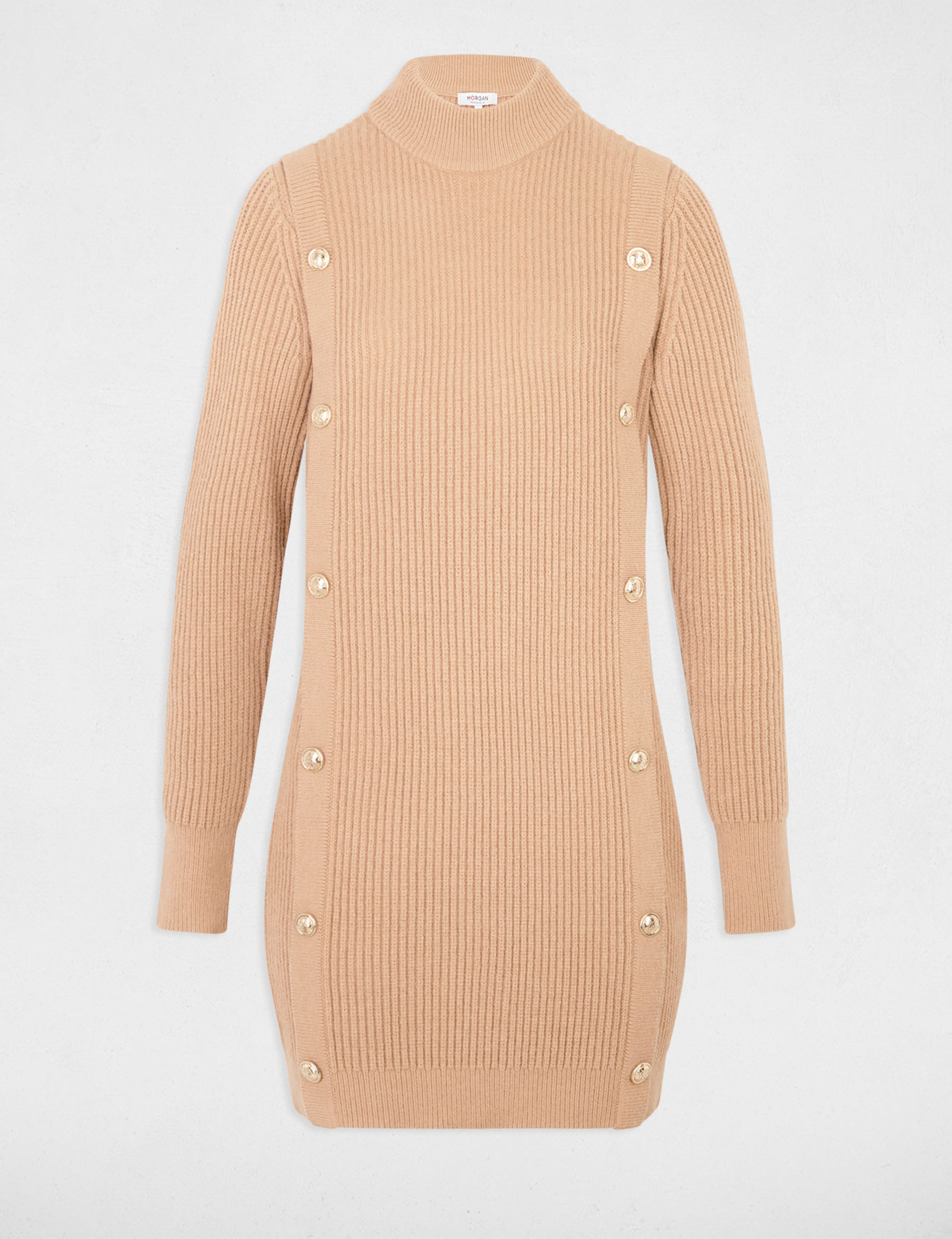 Robe tricot courte col rond beige femme