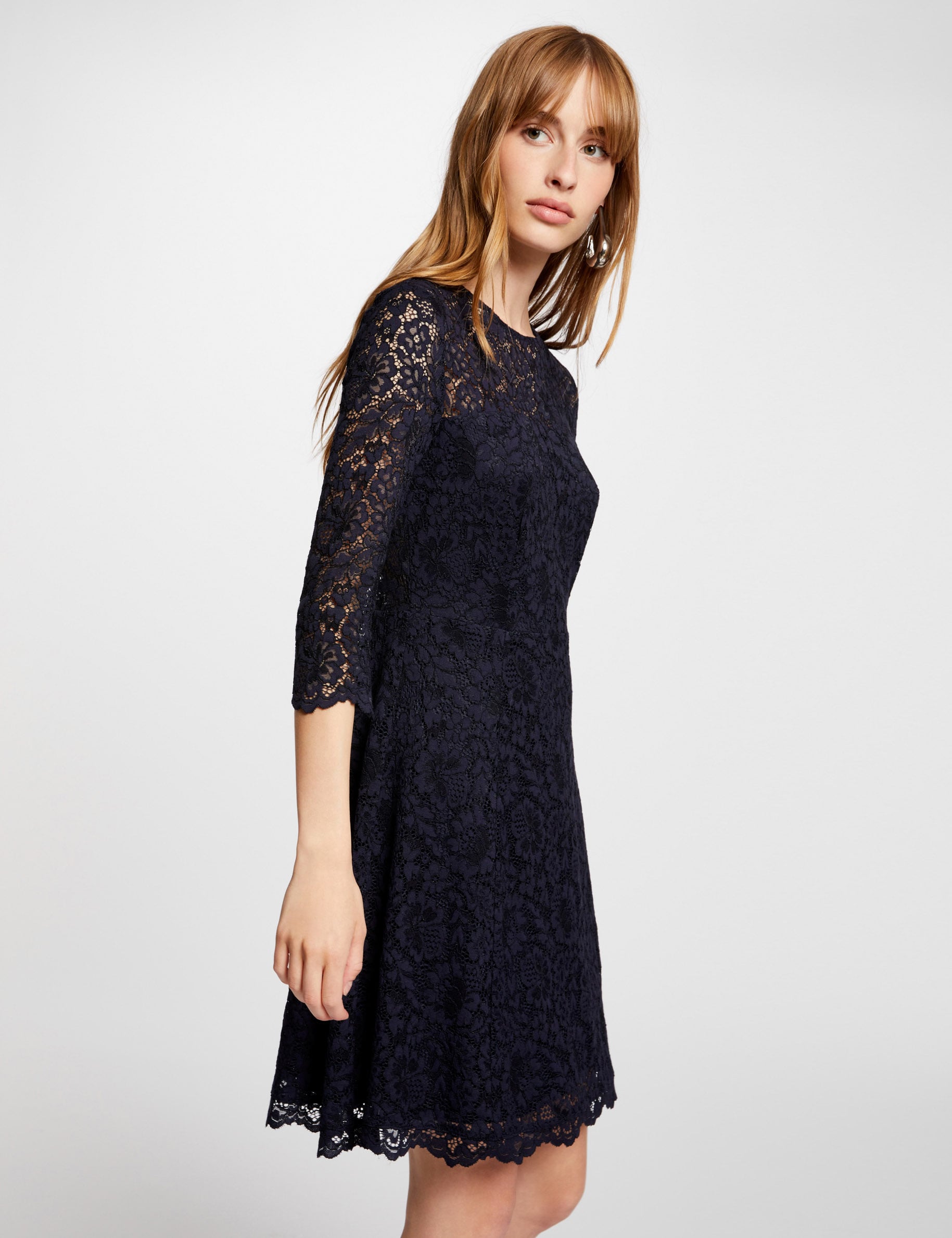 Robe courte patineuse dentelle bleu marine femme
