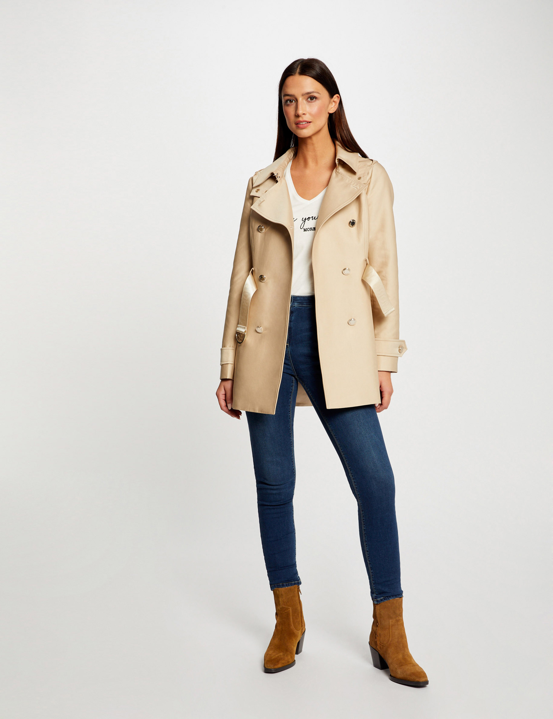 Trench droit ceinturé à capuche beige femme