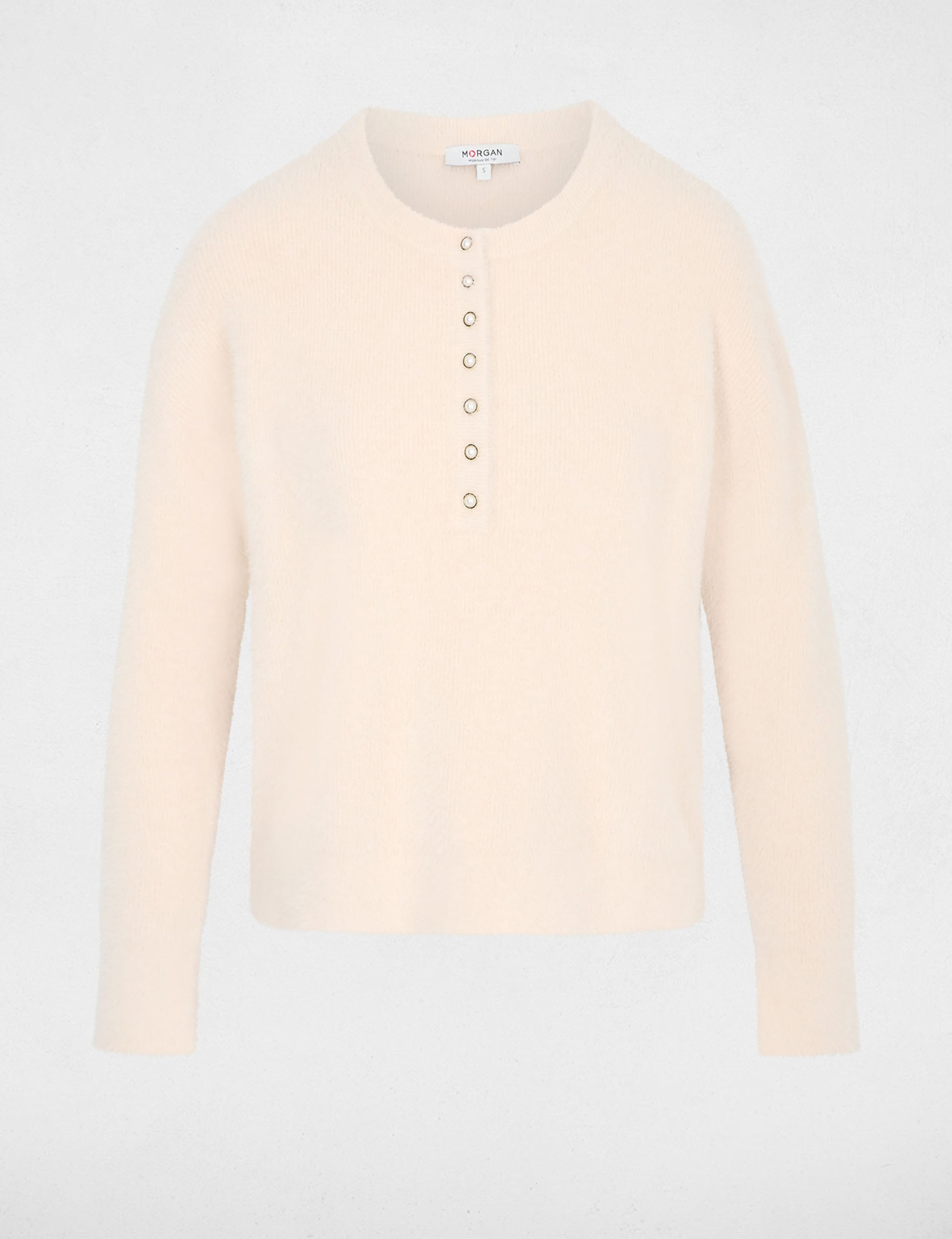 Pull col rond &agrave; boutons beige femme