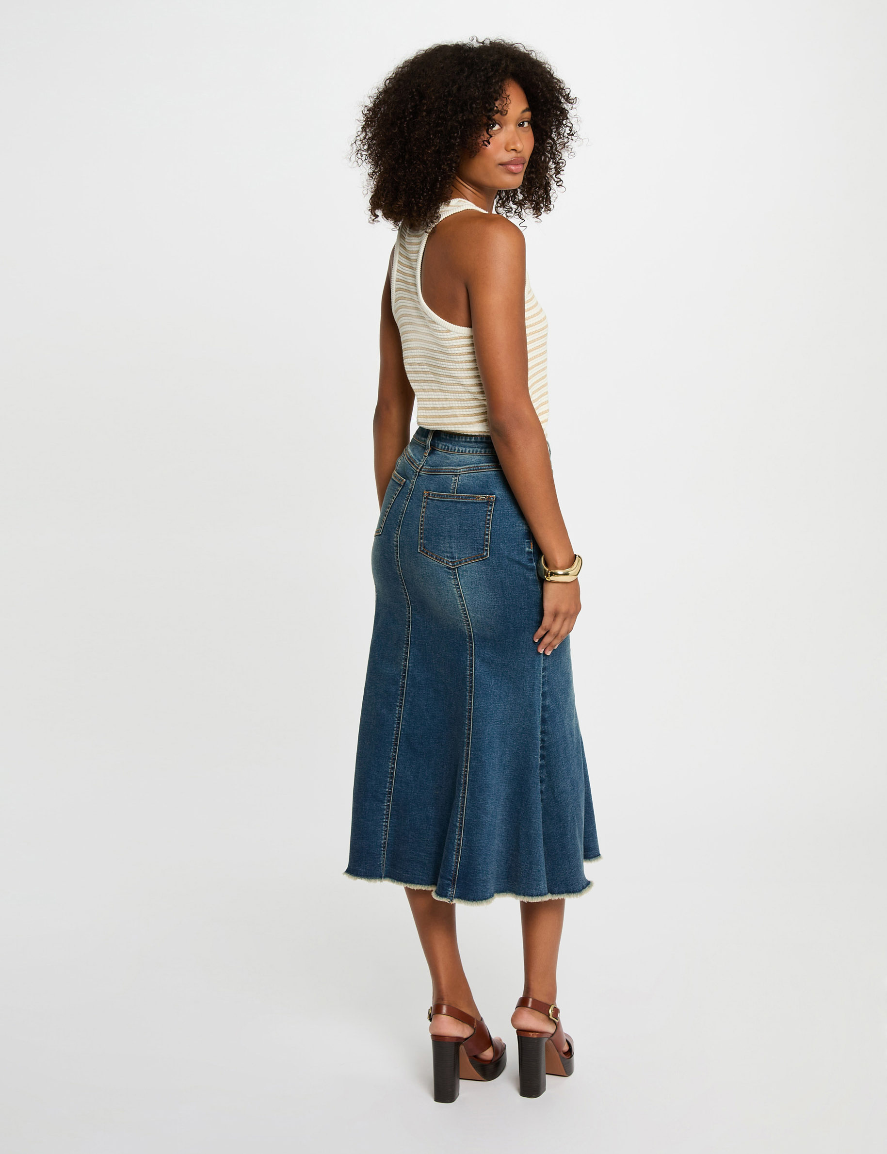 jupe midi ajustee en jean denim stone femme Jupe midi ajustée en jean denim stone femme