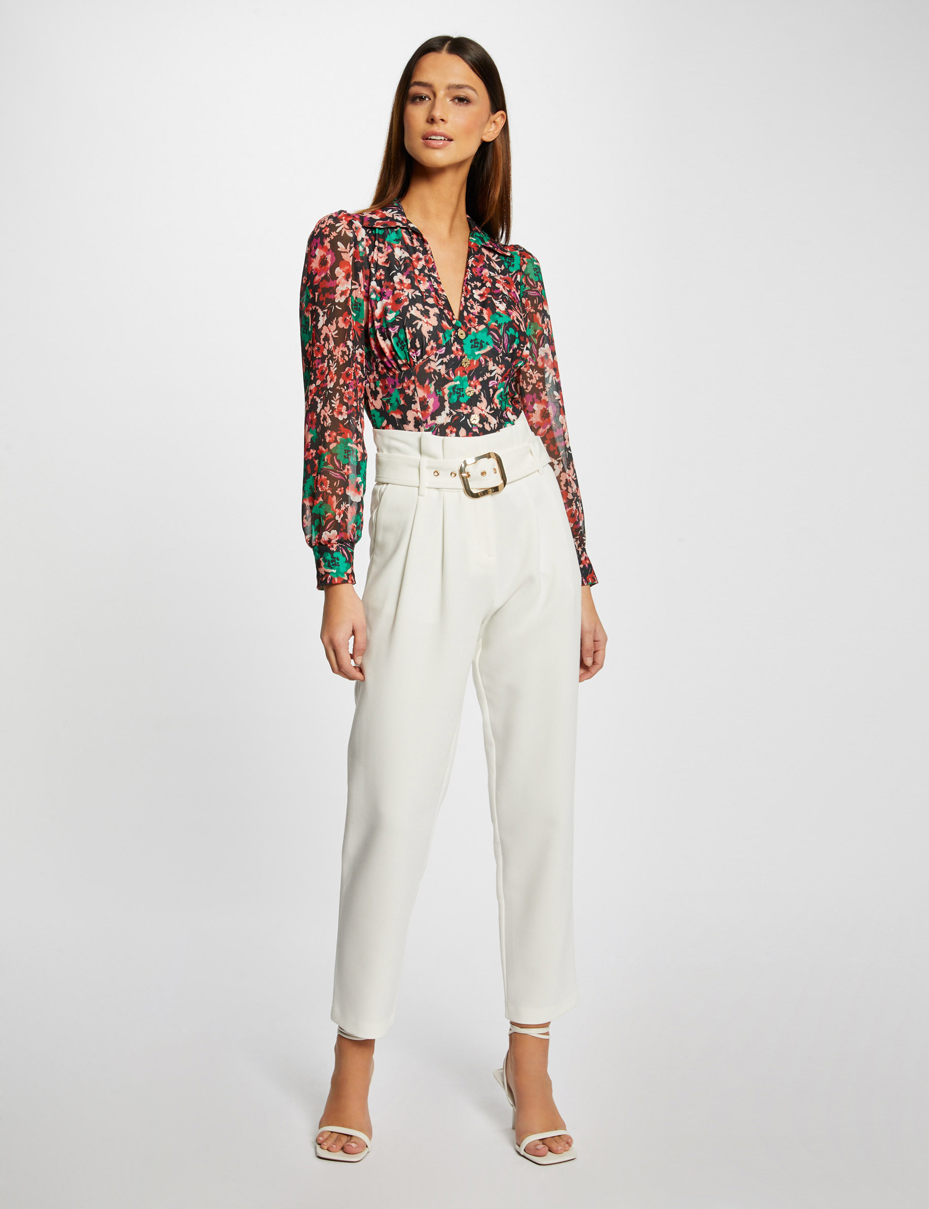 Pantalon droit taille haute ceinturé ecru femme