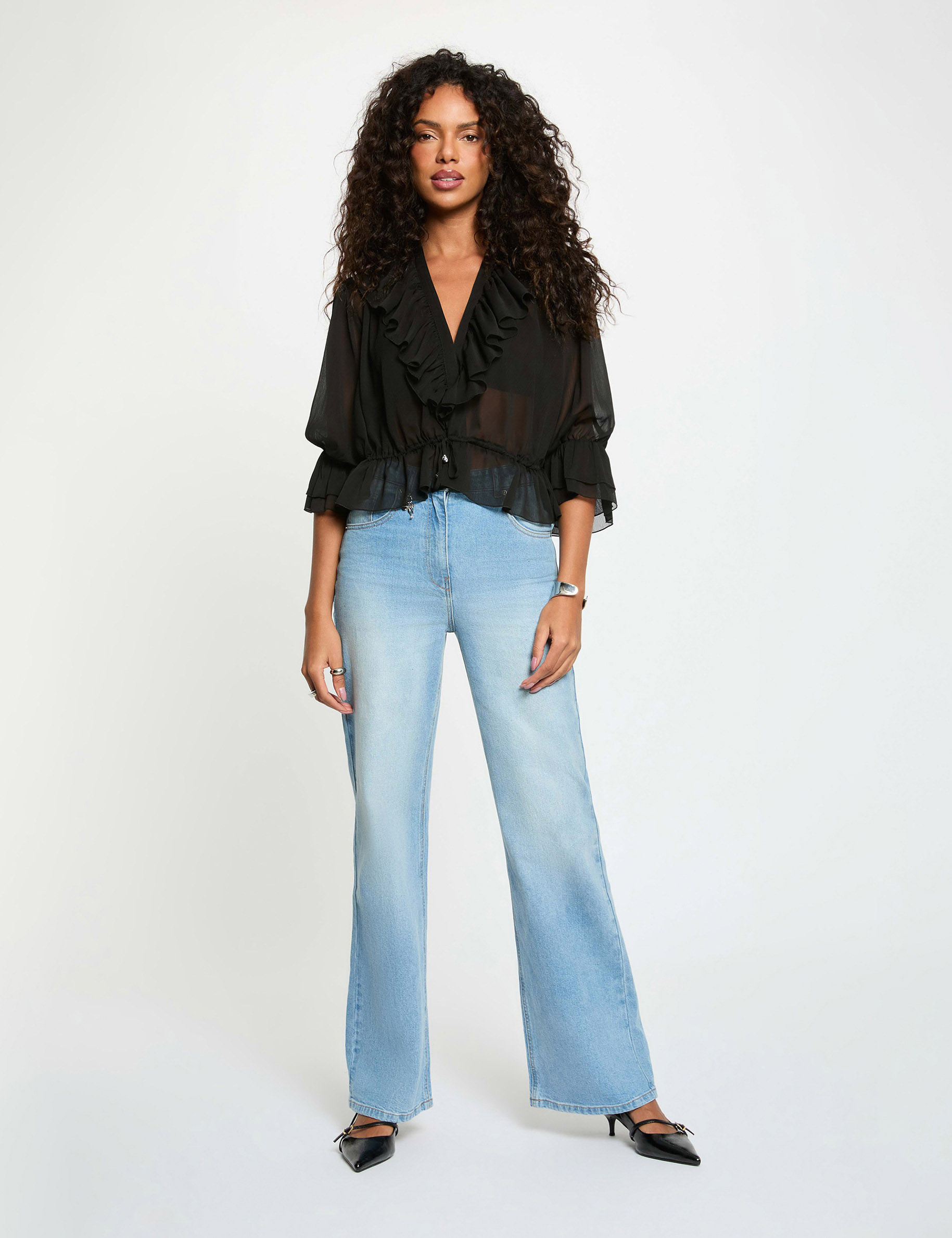 Blouse voile col v noir femme