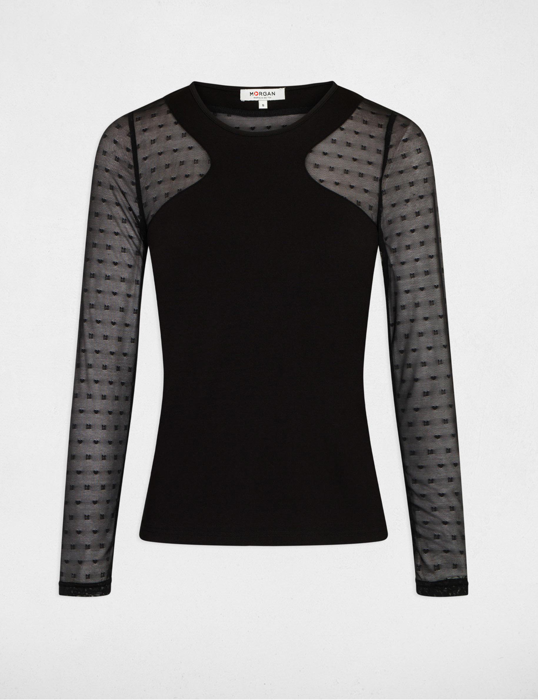 T-shirt manches longues à plumetis noir femme