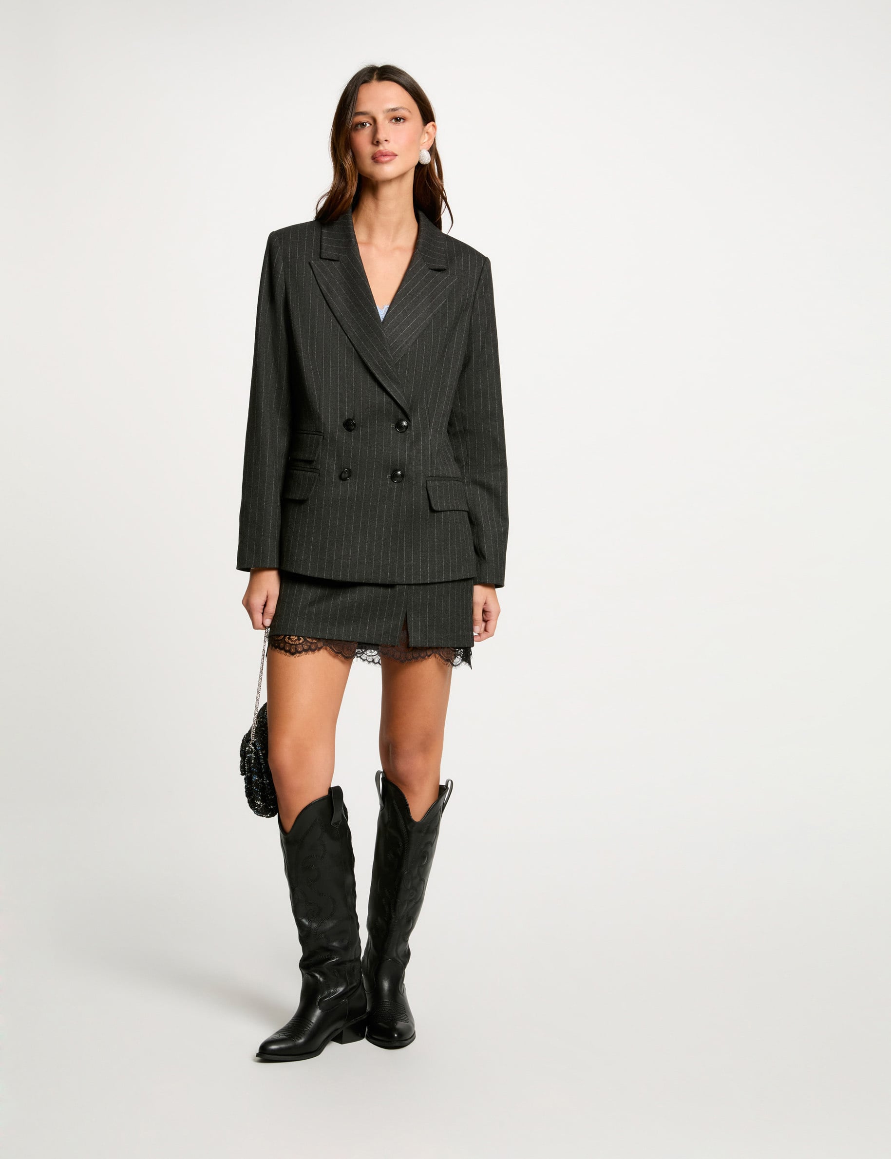 Blazer &agrave; rayures gris fonc&eacute; femme