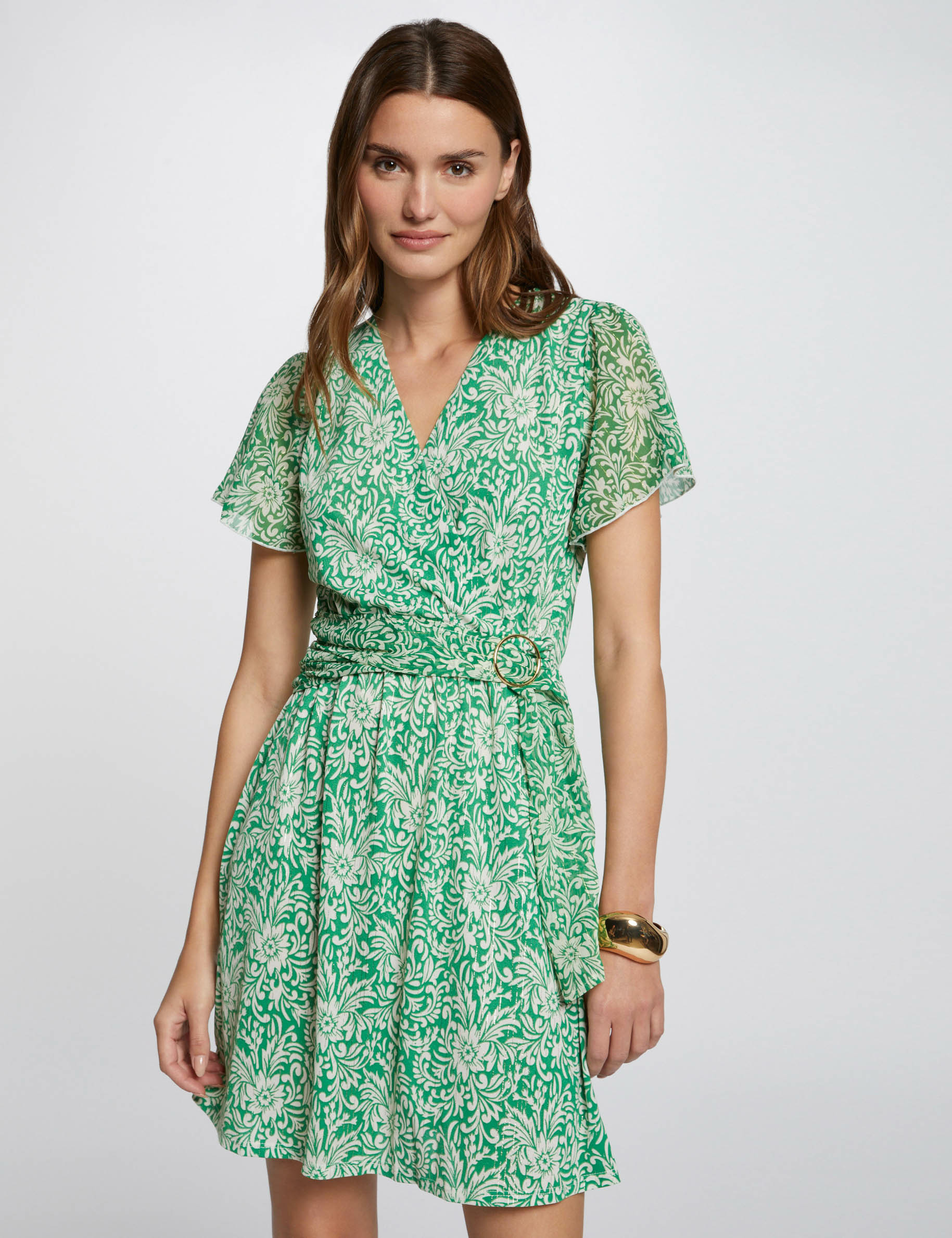 Robe courte cintrée imprimée vert femme