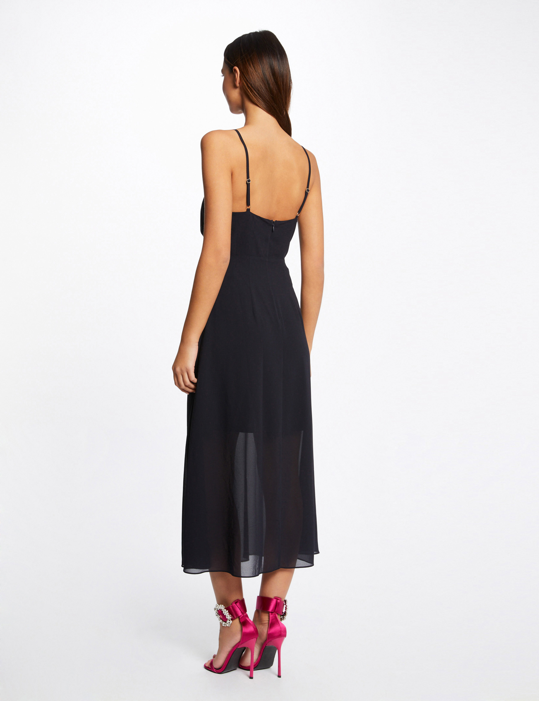 Robe midi évasée bretelles chaînes marine femme Robe midi évasée bretelles chaînes marine femme