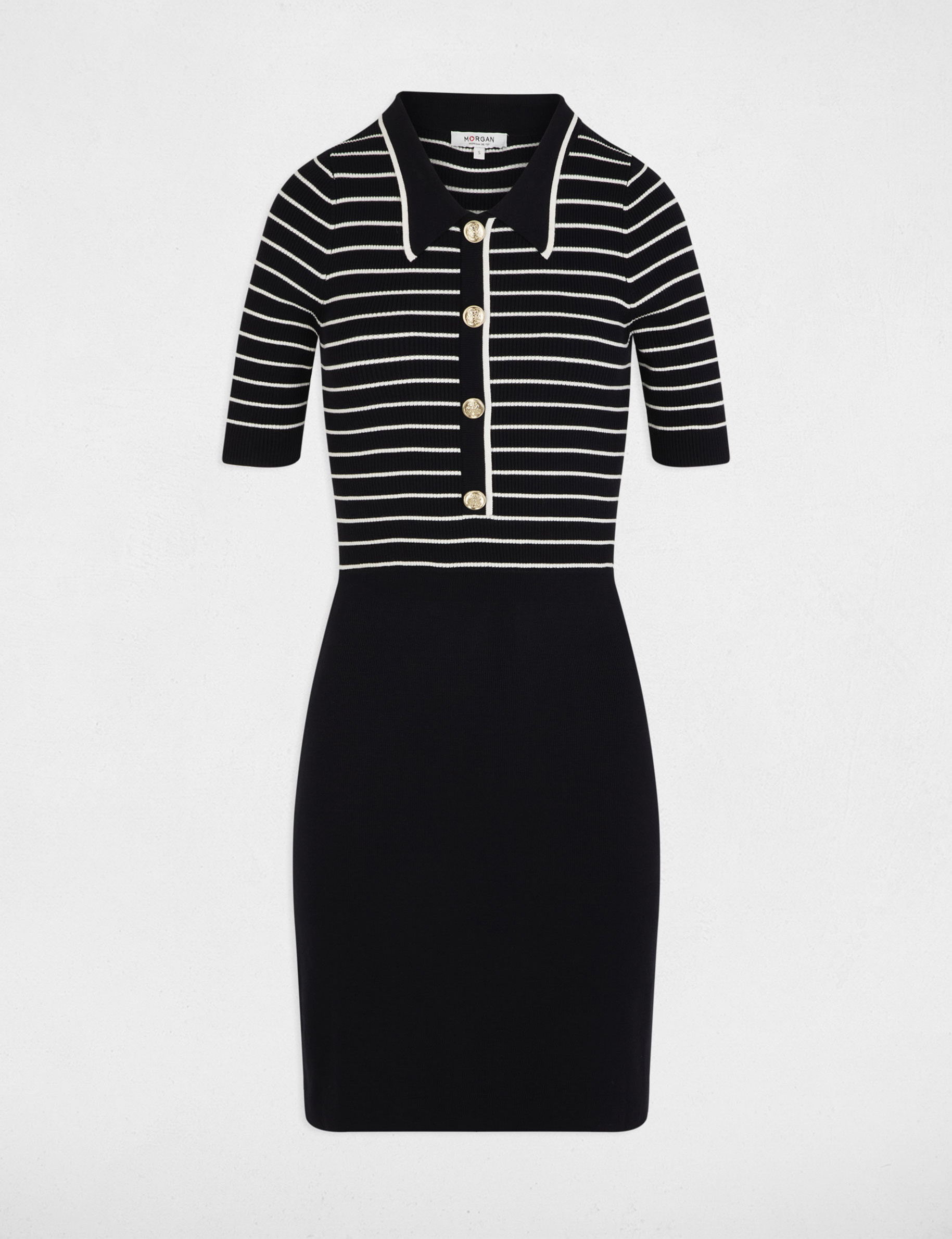 Robe tricot courte ray&eacute;e bleu marine femme