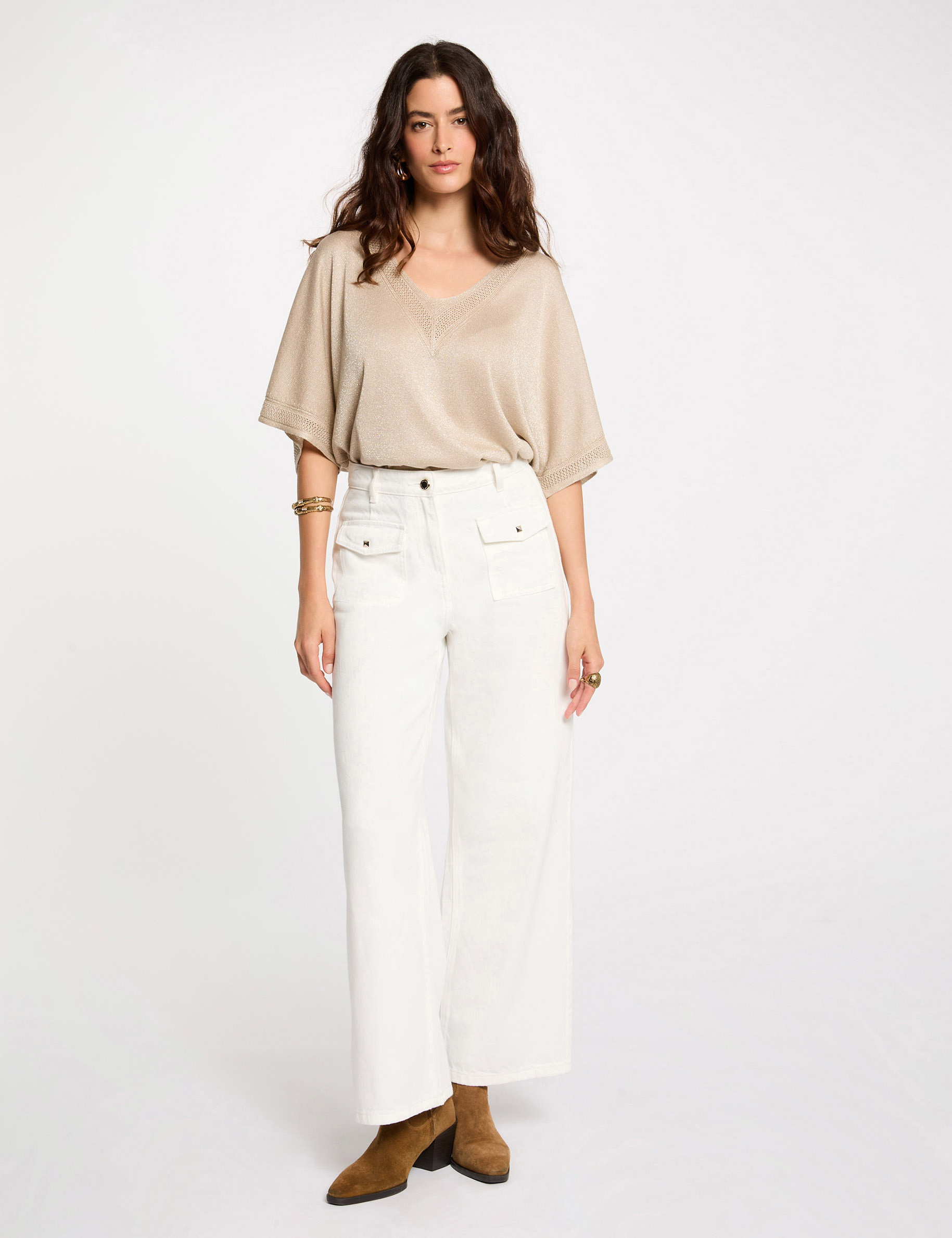 Pull col en V manches courtes sable femme
