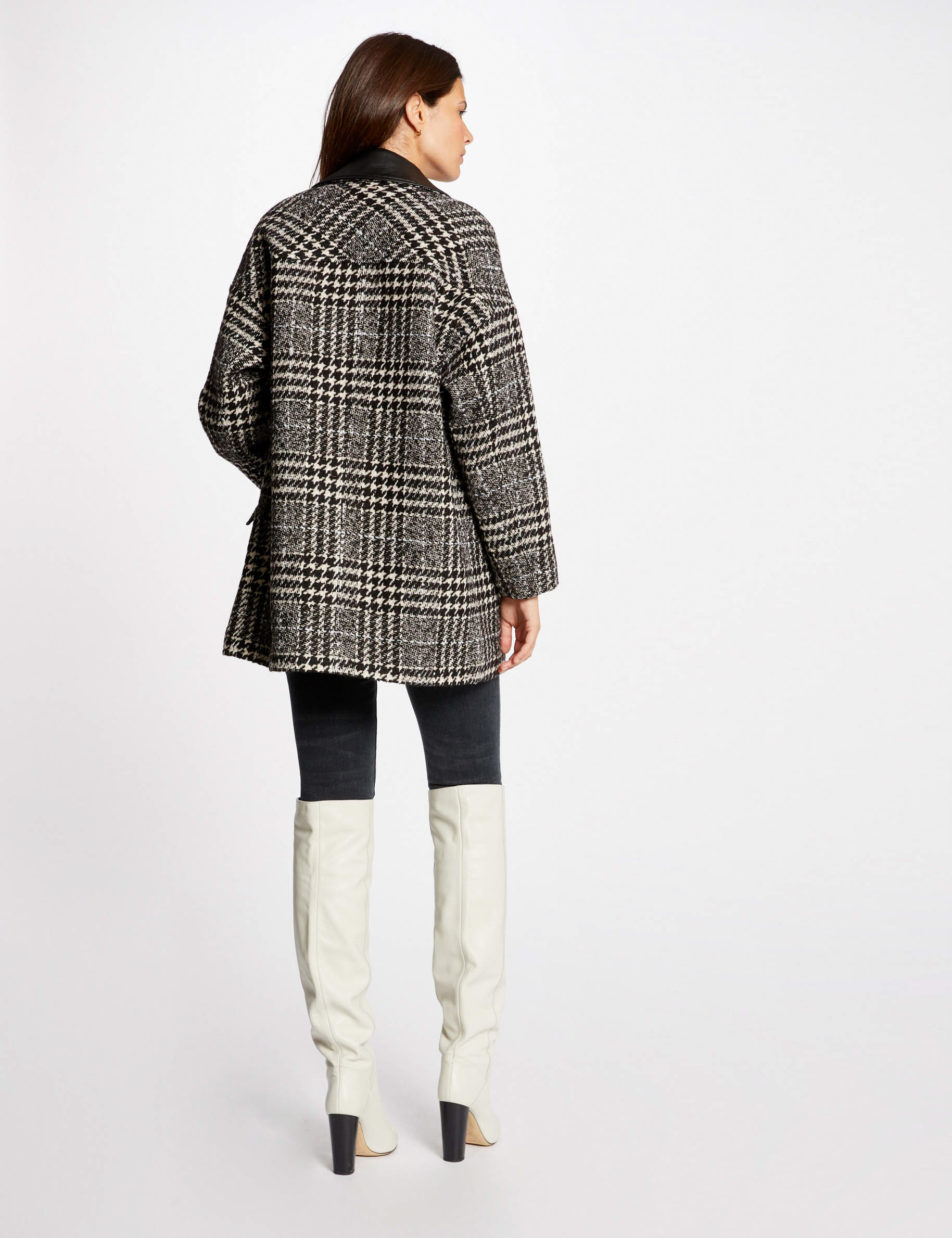 Manteau droit imprimé pied de poule ecru femme