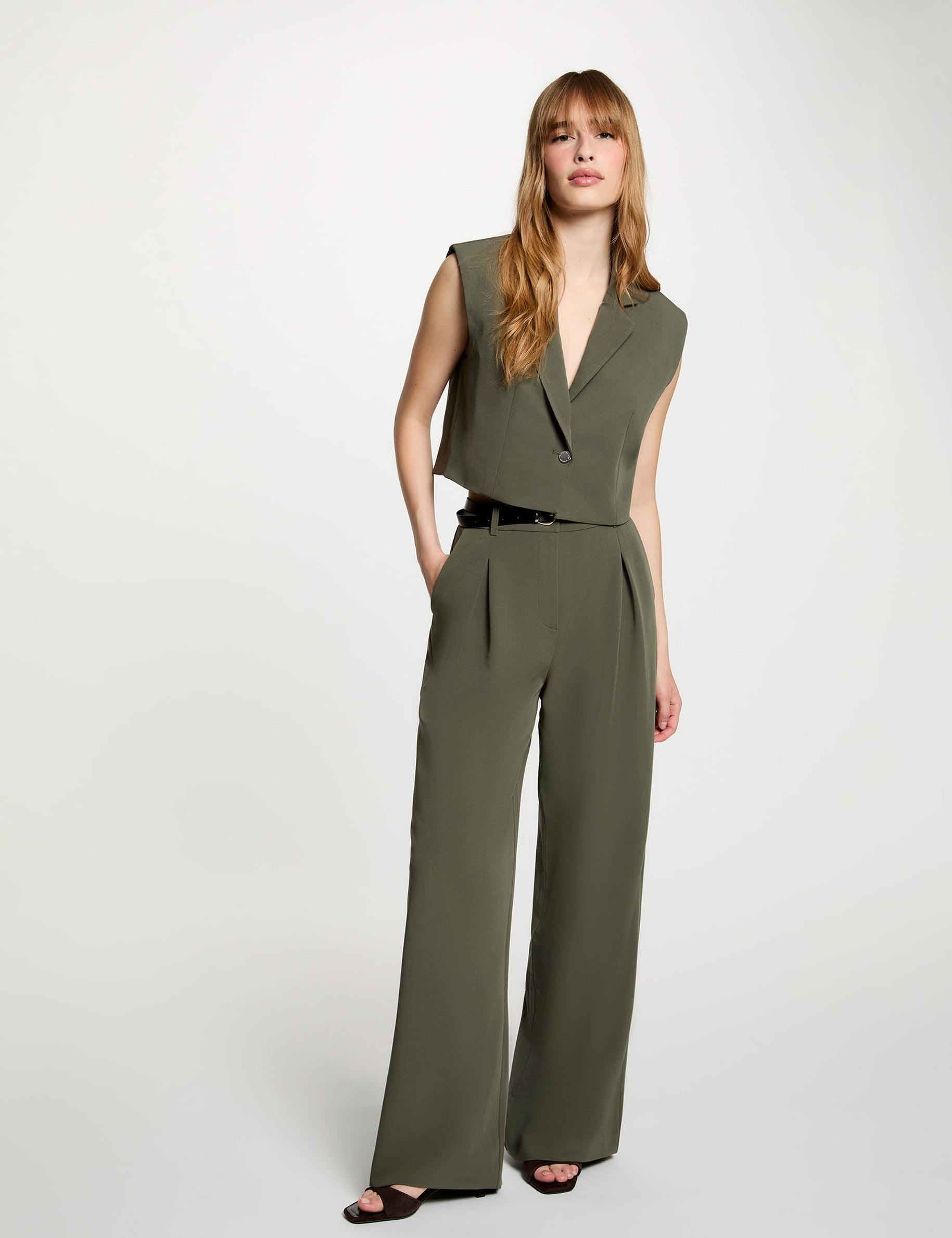 Veste cropped sans manches vert kaki femme