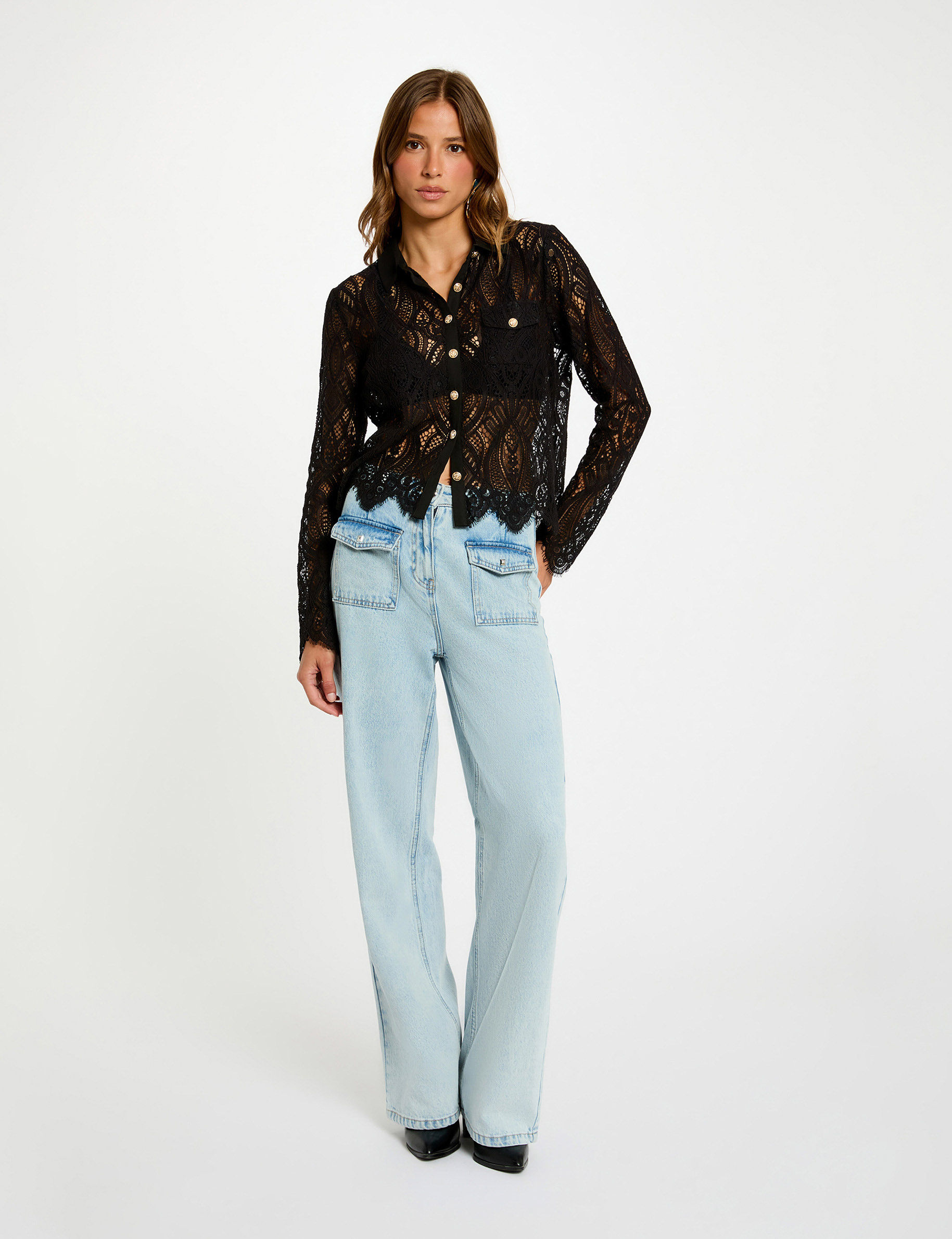 Chemise courte dentelle noir femme