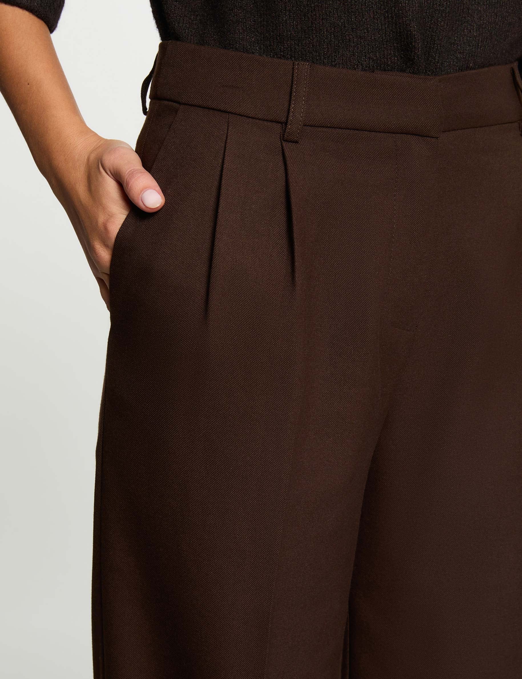 Pantalon large taille haute marron fonc&eacute; femme