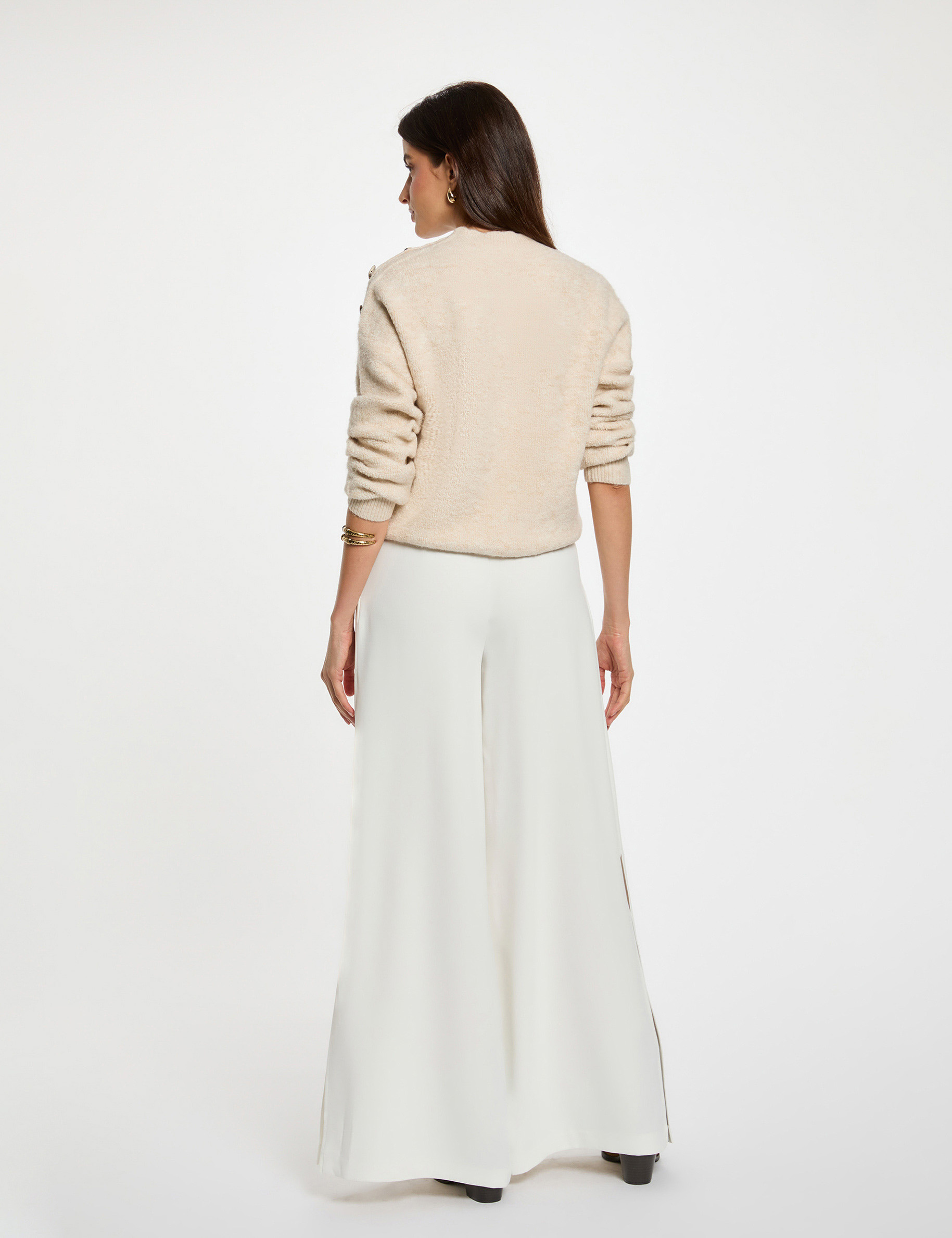 Pull court col fantaisie beige femme