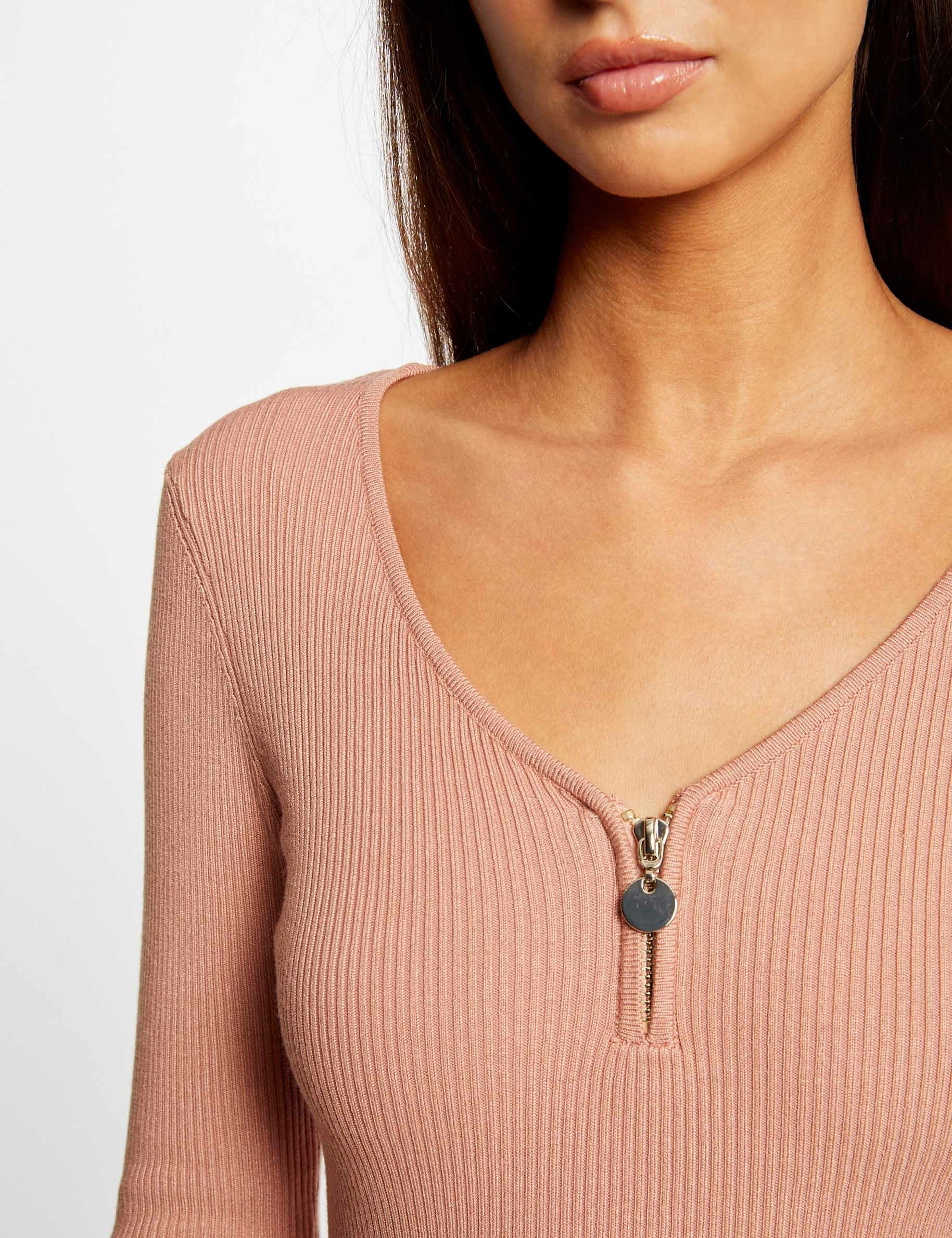 pull manches longues cotele detail zippe vieux rose femme Pull manches longues côtelé détail zippé vieux rose femme