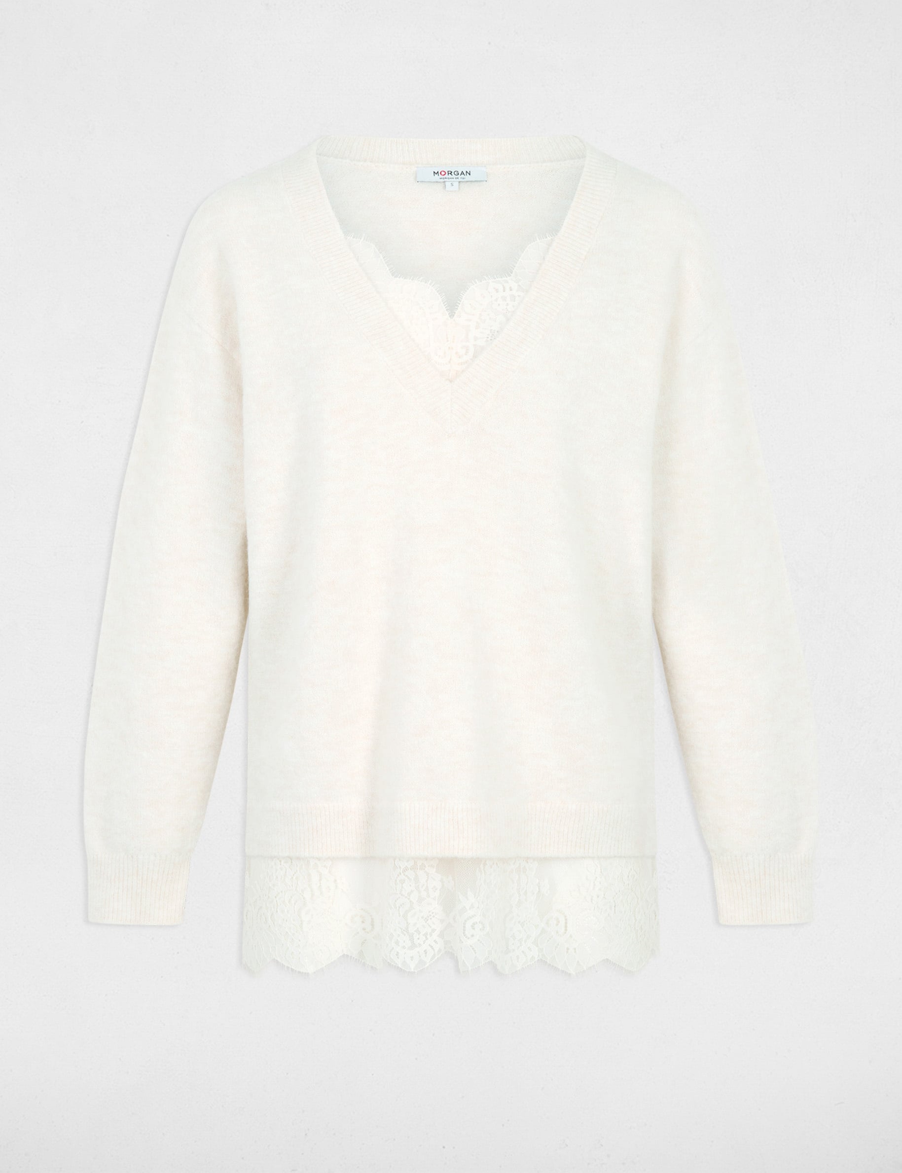 Pull col v manches longues ivoire femme