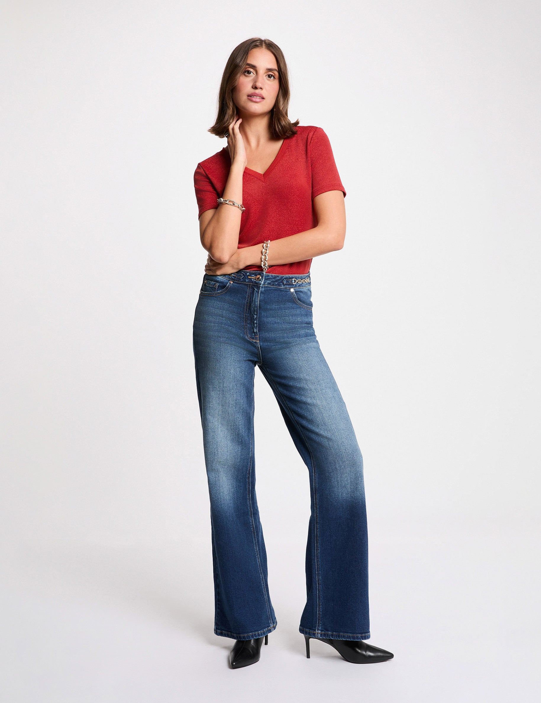 T-shirt manches courtes avec col en V orange fonc&eacute; femme