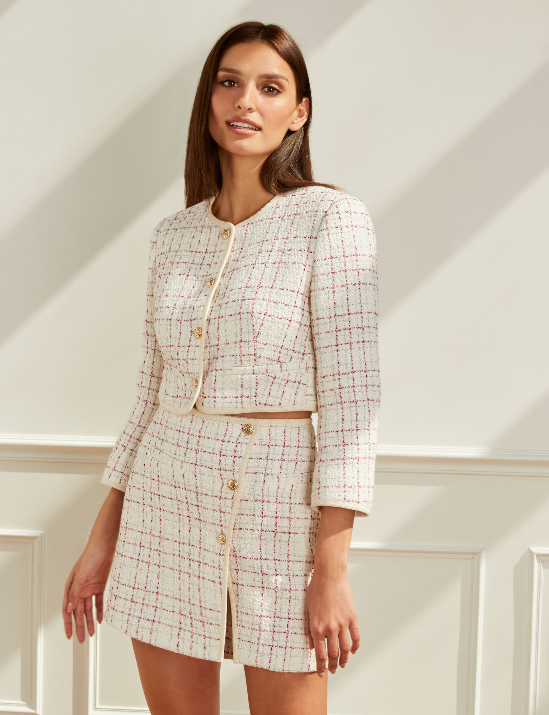 Jupe droite boutonnée à carreaux ecru femme
