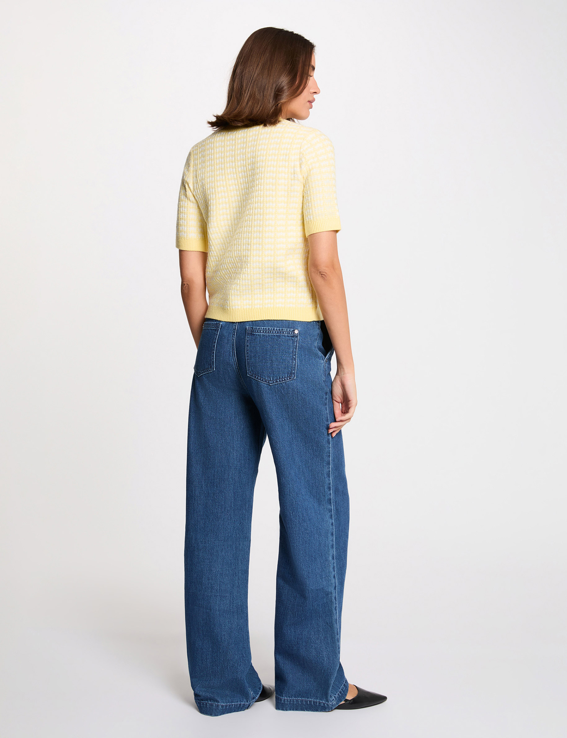 Gilet manches courtes imprim&eacute; jaune clair femme