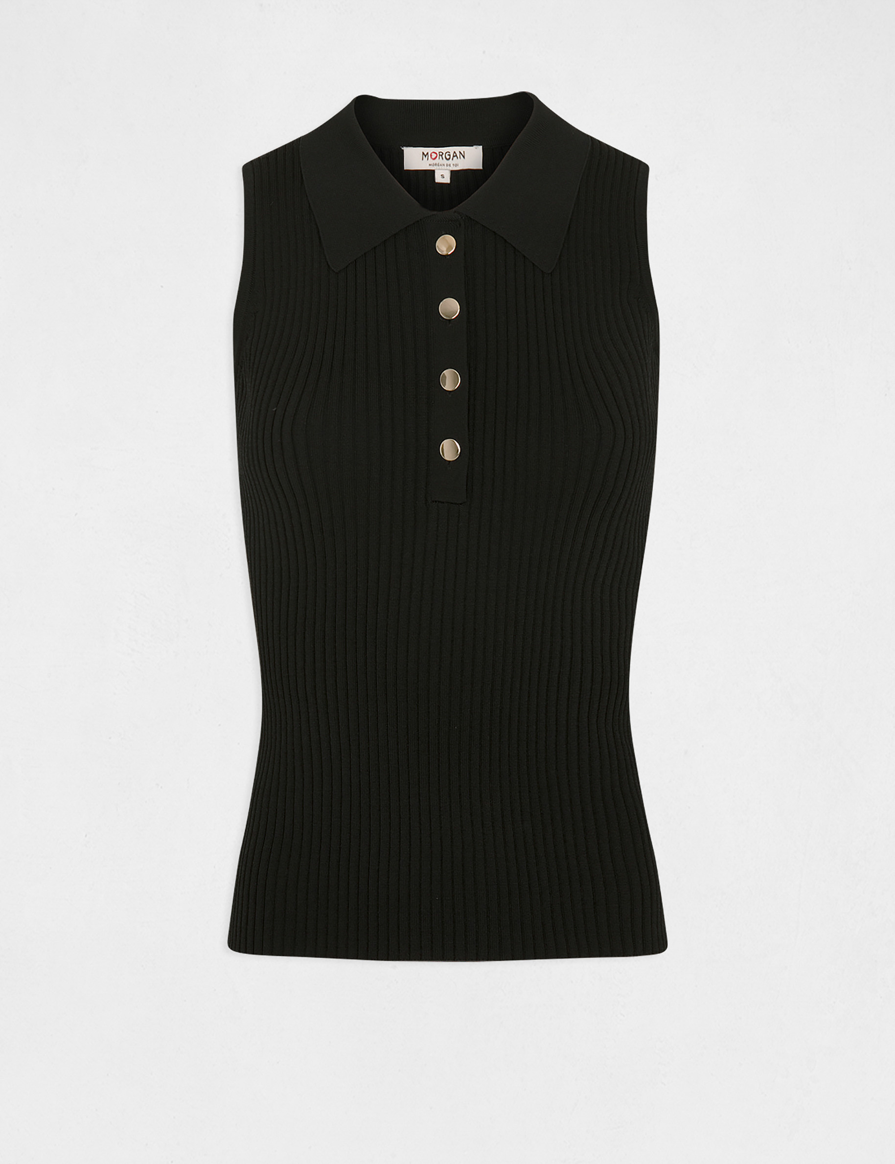 Pull débardeur sans manches col polo noir femme Pull débardeur sans manches col polo noir femme