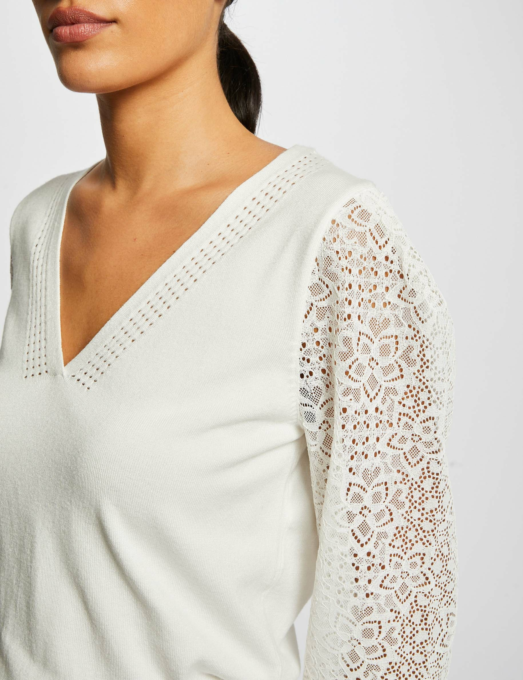 Pull manches longues en dentelle ecru femme Pull manches longues en dentelle ecru femme