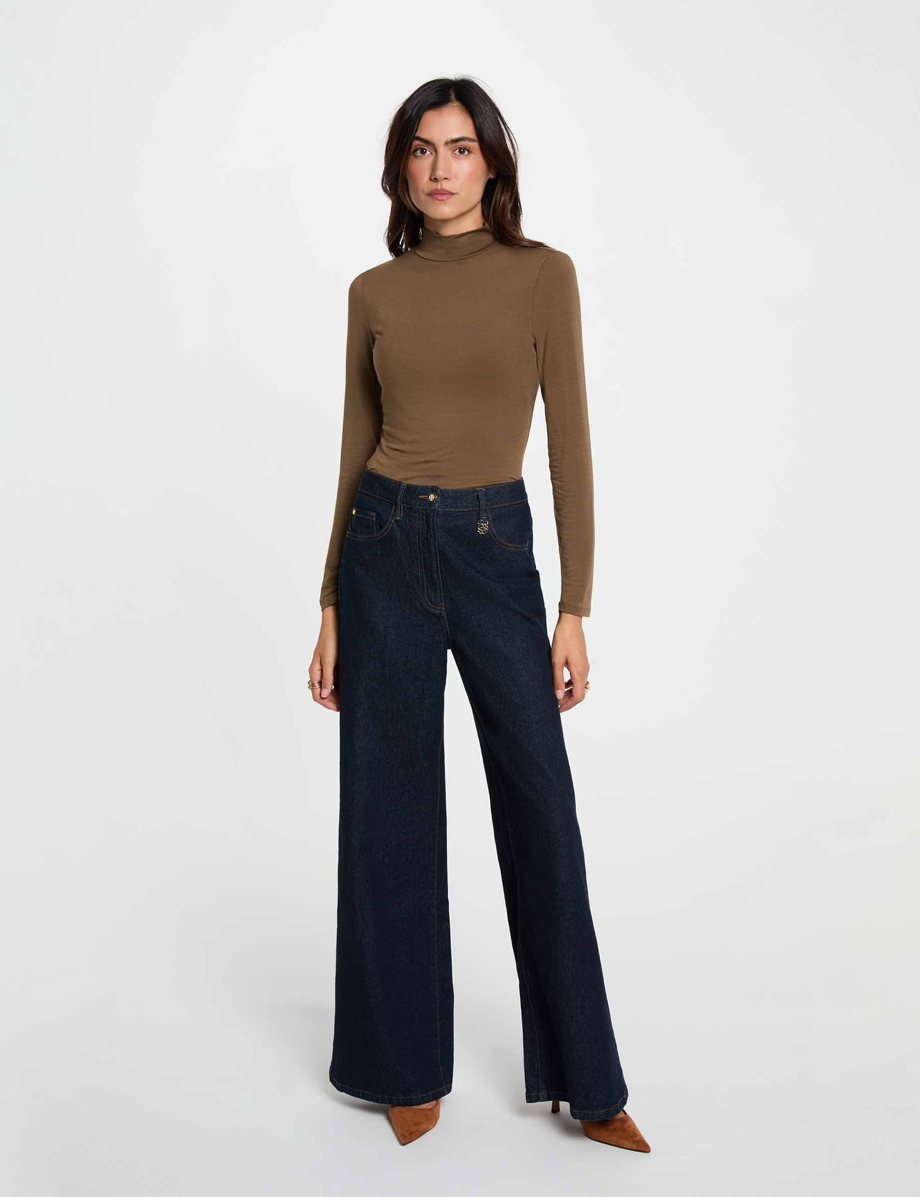 T-shirt col montant manches longues vert kaki femme