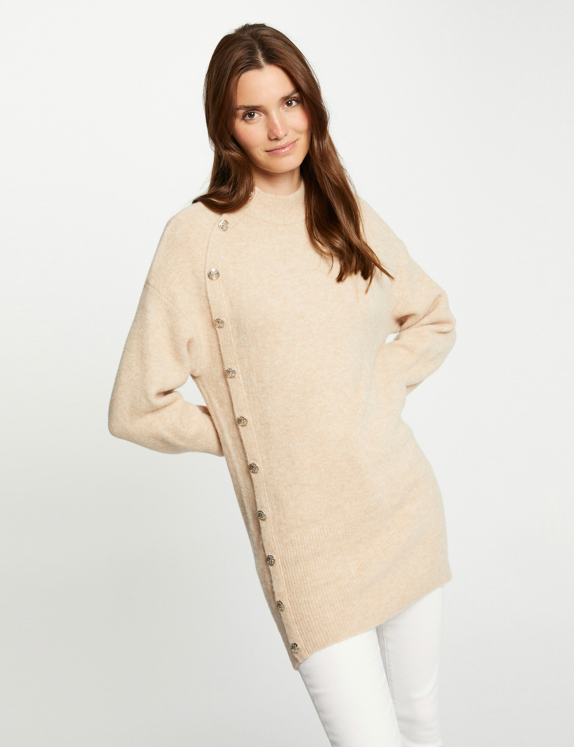 Pull manches longues mi-long beige femme