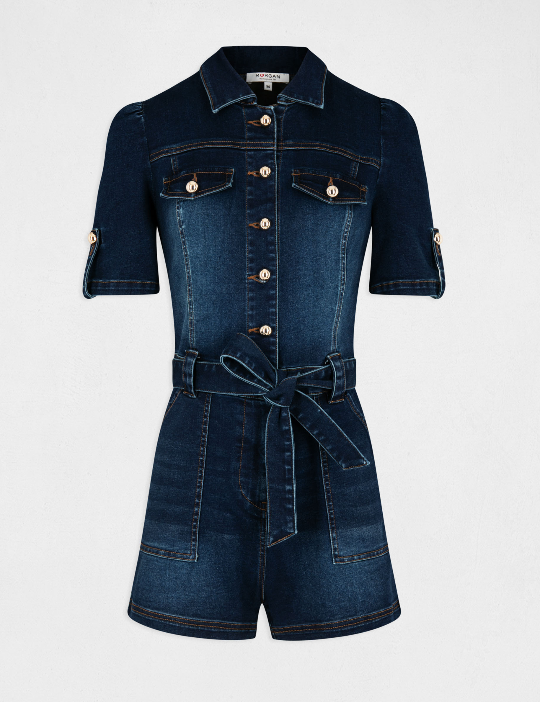 Combishort boutonnée à ceinture jean brut femme Combishort boutonnée à ceinture jean brut femme