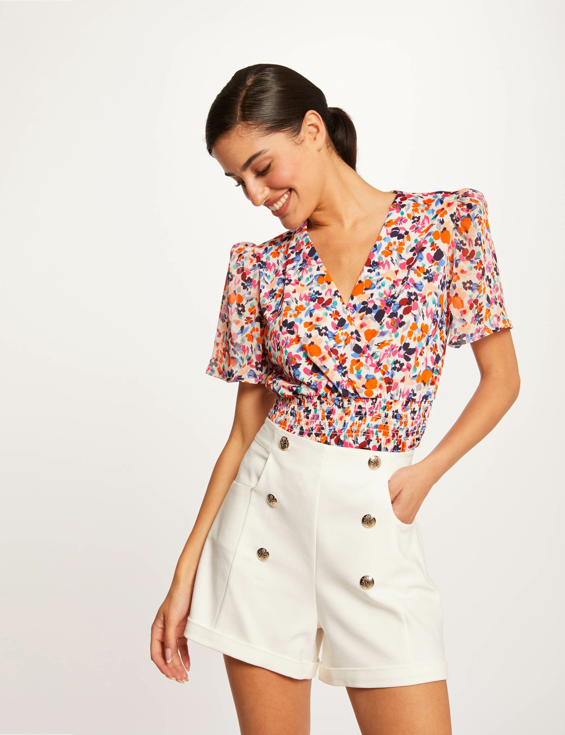 Short droit taille haute avec boutons ecru femme Morgan