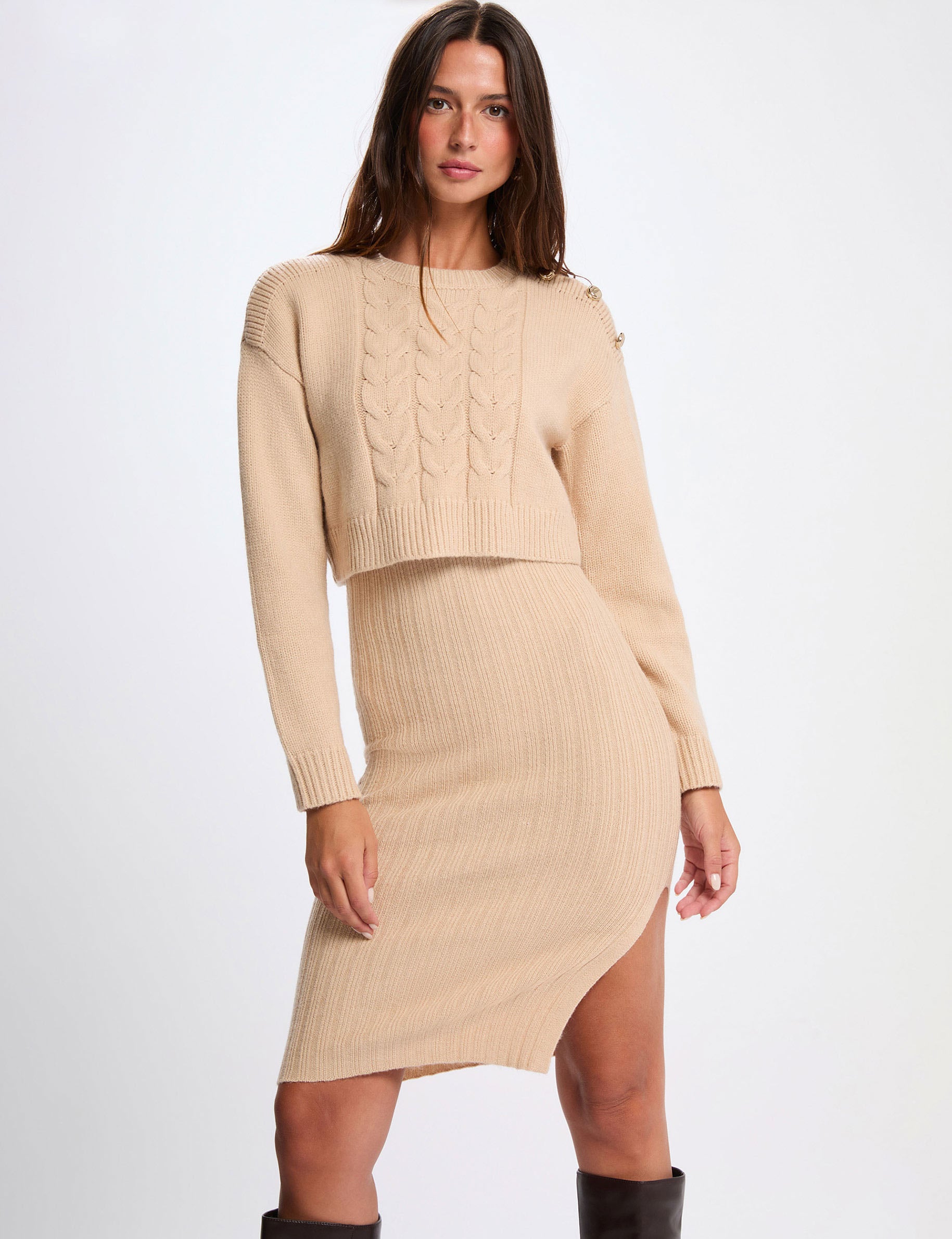 Robe tricot ajust&eacute;e 2-en-1 beige femme