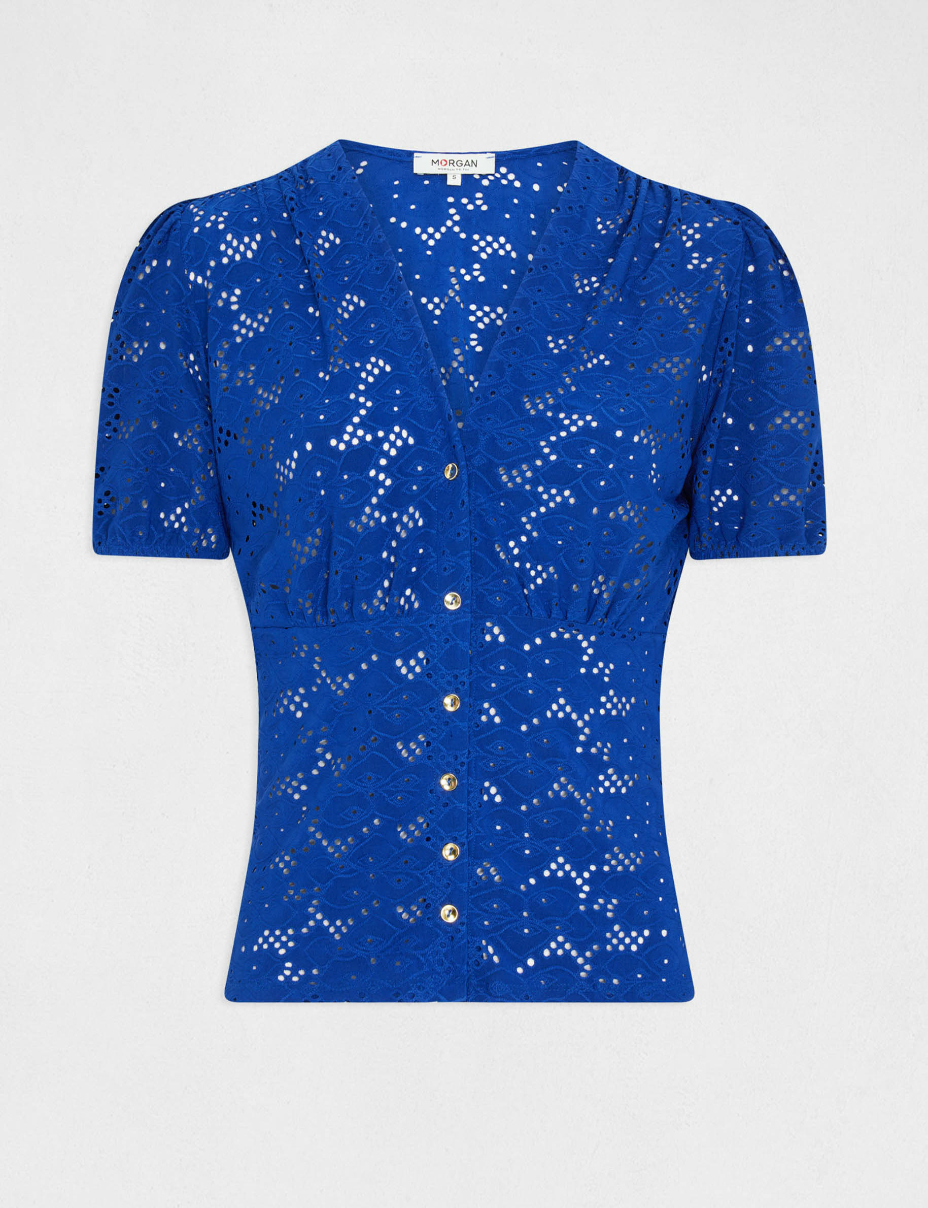 t shirt manches courtes a broderie bleu electrique femme T-shirt manches courtes à broderie bleu electrique femme