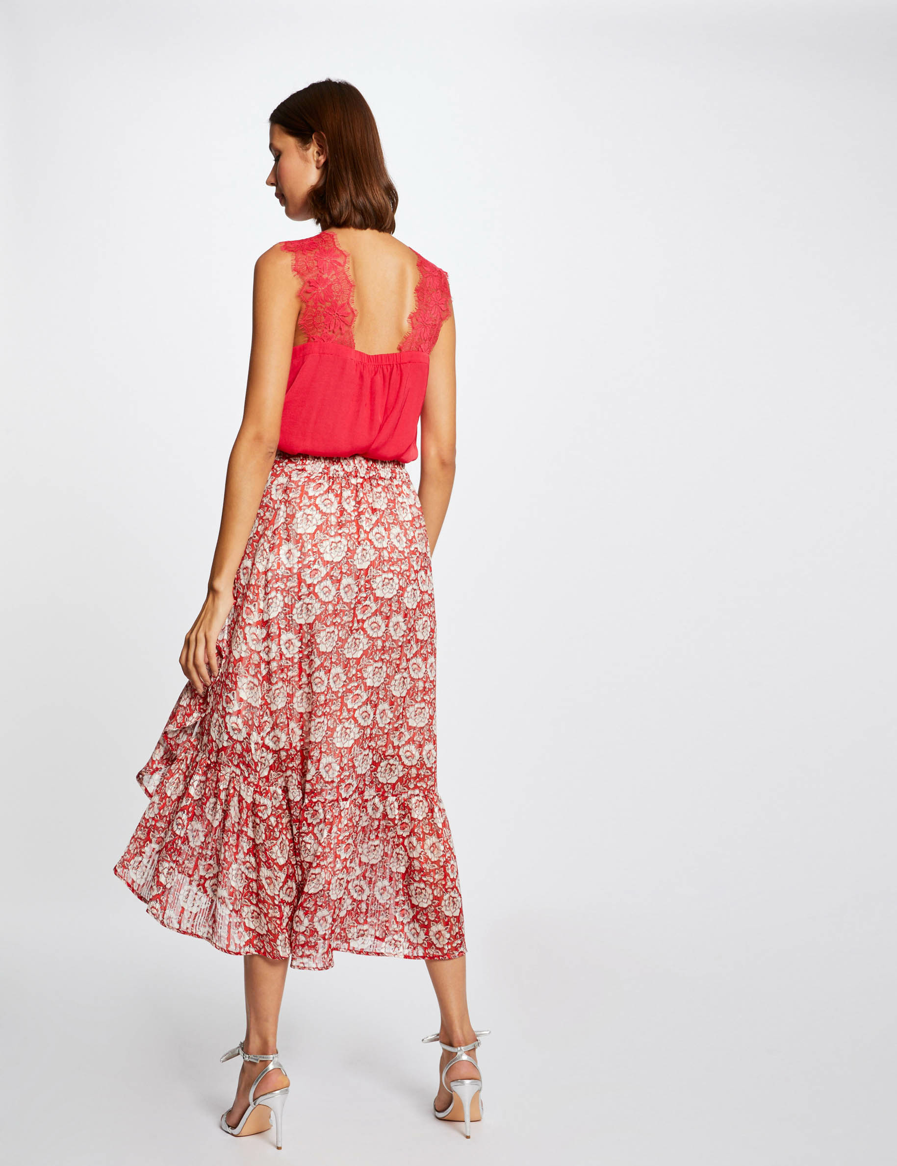 Jupe midi évasée imprimé floral rouge femme